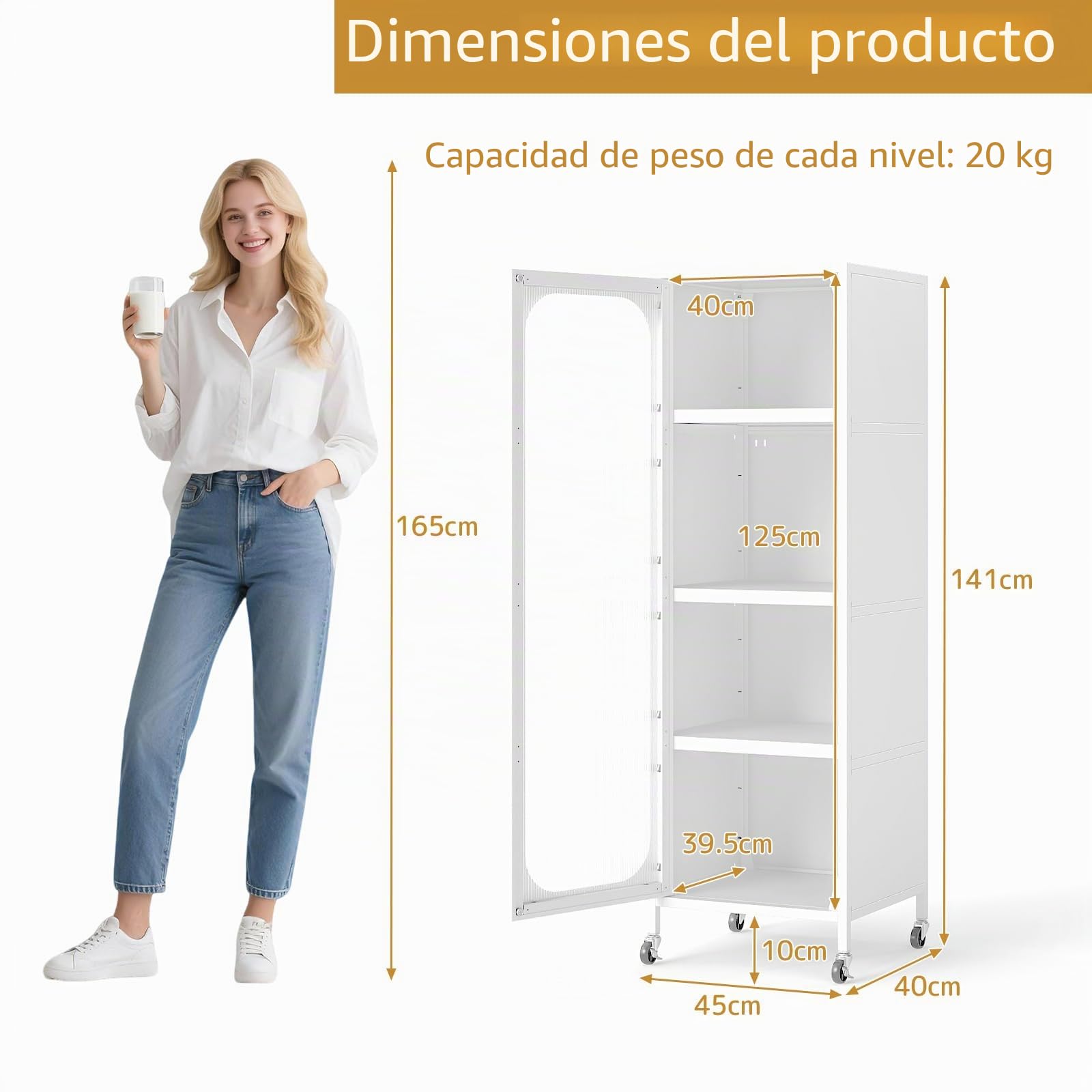 KOMFOTTEU Estantería de Cocina de 5 Niveles de Acero, Armario de Cocina con Ruedas con Estantes Ajustables y Puerta Transparente, Mueble Buffet para Comedor, Salón, 45 x 40 x 141 cm (Blanco)
