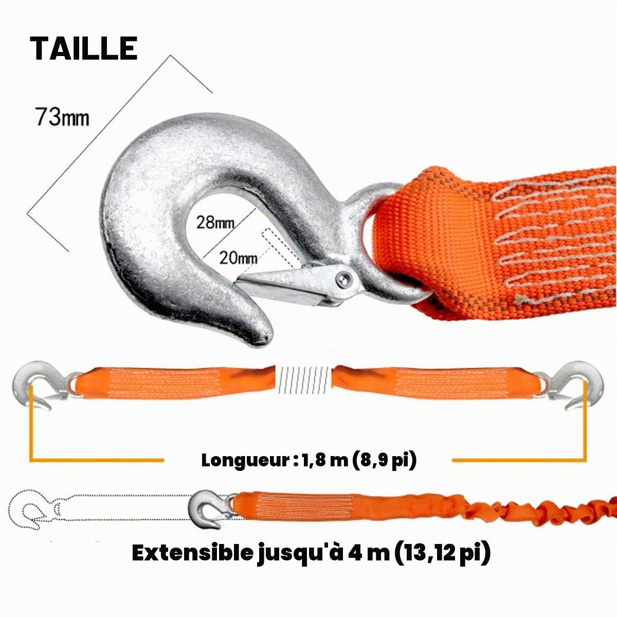 Câble de Remorquage de 5 Tonnes, Corde de Remorquage Élastique, 1,8 m Peut Être Étirée À 4 m, Sangle de Remorquage pour Voiture/SUV/Véhicule Agricole