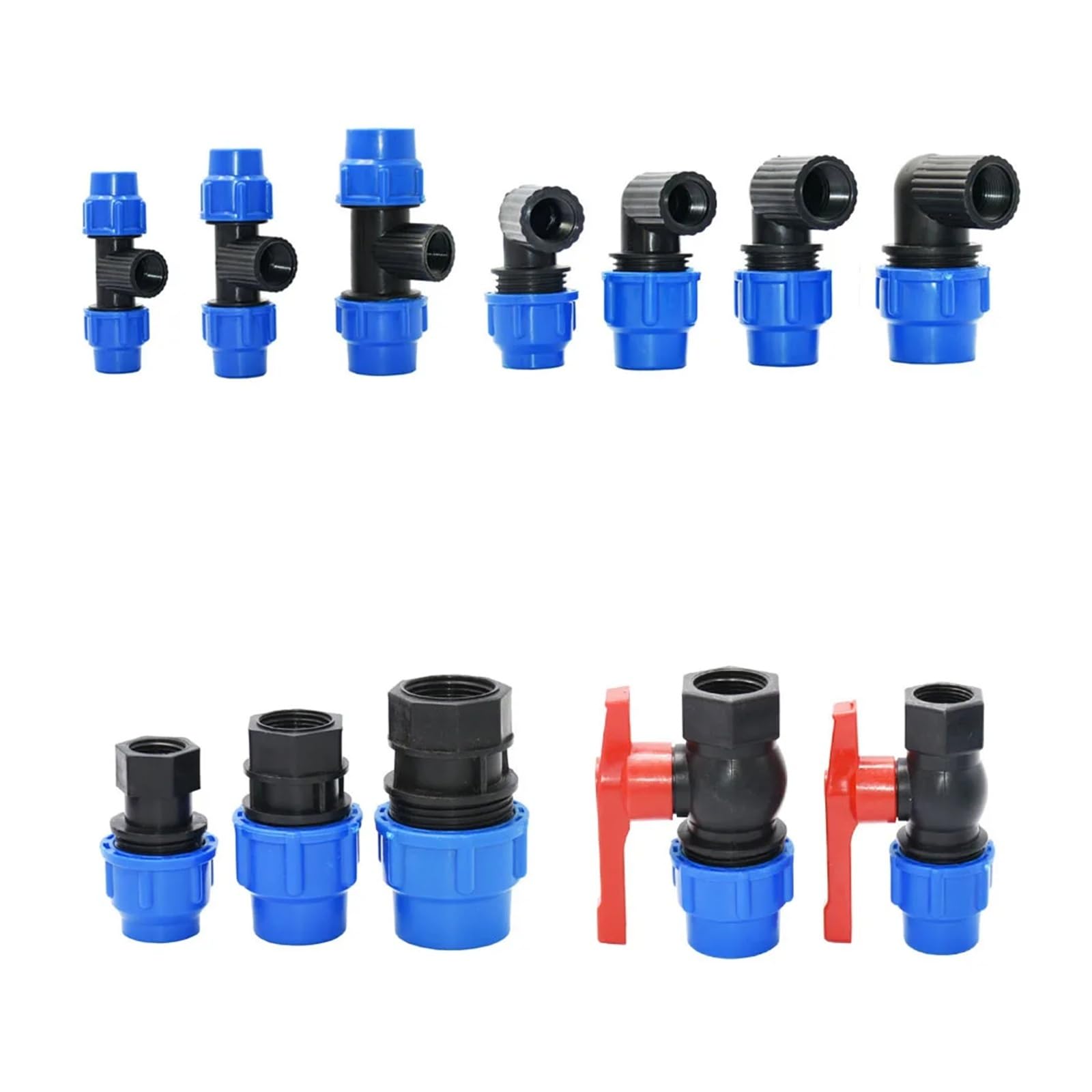 Suministros de jardinería Conector rápido de tubo de PE de 20/25/32/40/50 mm, codo en T, divisor de agua, acoplador de válvula de bola de plástico, accesorios for tuberías de agua de riego agrícola Bo