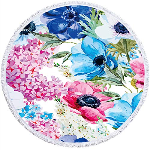 AZZXZONa Toalla De Playa Microfibra Redonda Tinta De Flores Toalla De Baño Grande Alfombra De Picnic Alfombra De Yoga Mantilla De Protección Solar con Borlas Manta De Playa 150X150Cm