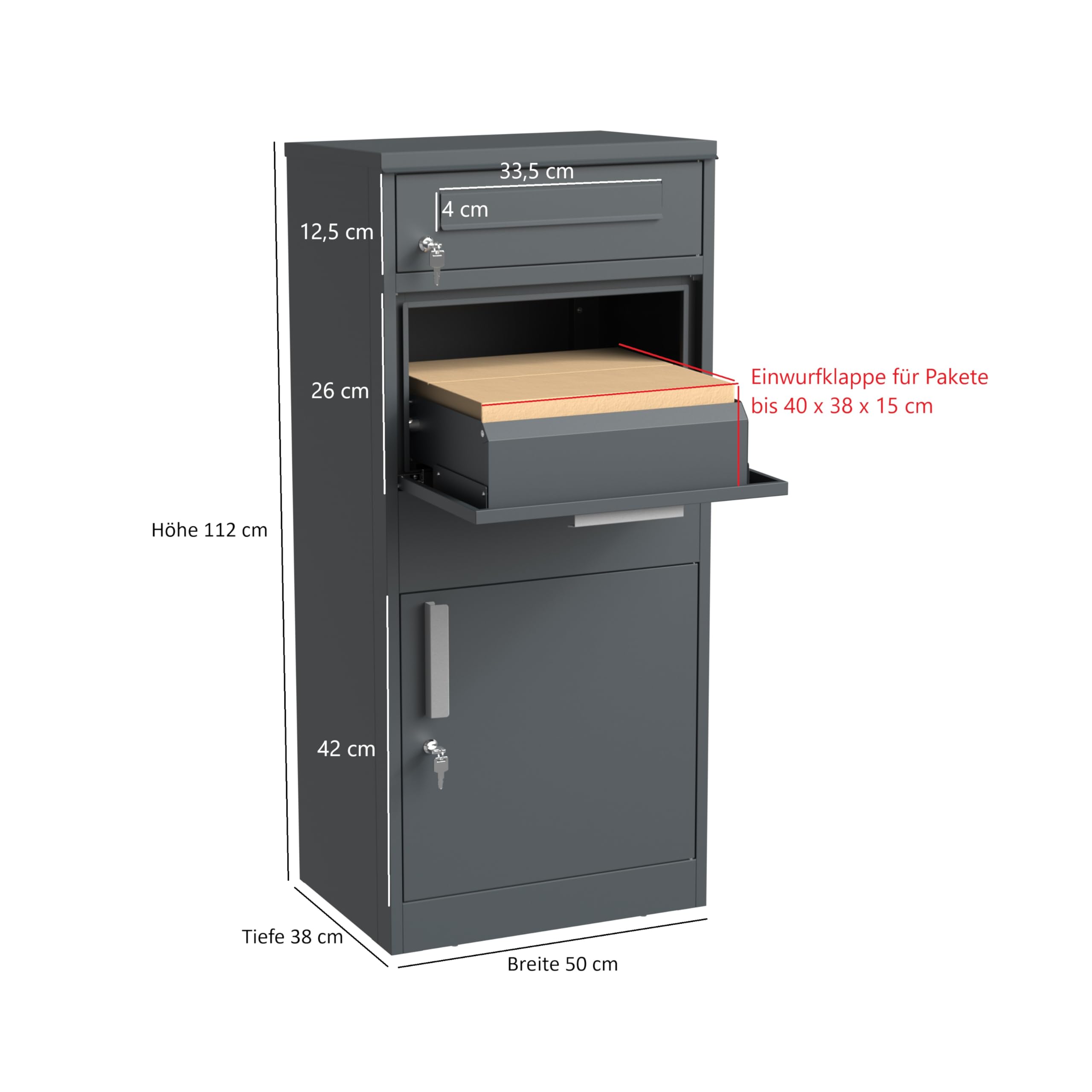DEGAMO Paketbox Briefkasten Bremen 50x38x112cm, Stahl anthrazit RAL 7016, stehend, wasserdicht