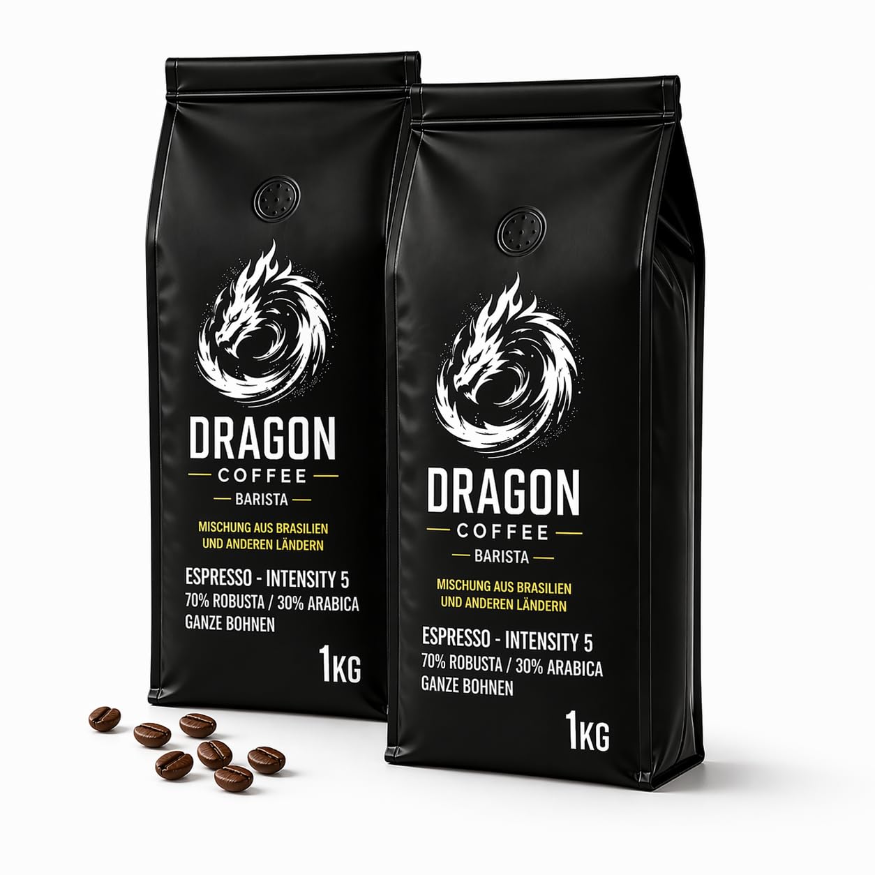 Dragon Coffee Massimo Espresso – Espresso Bohnen 2x1 kg | 70% Robusta / 30% Arabica | Ganze Bohnen | Mittlere italienische Röstung | Kräftiger Espresso mit dichter Crema