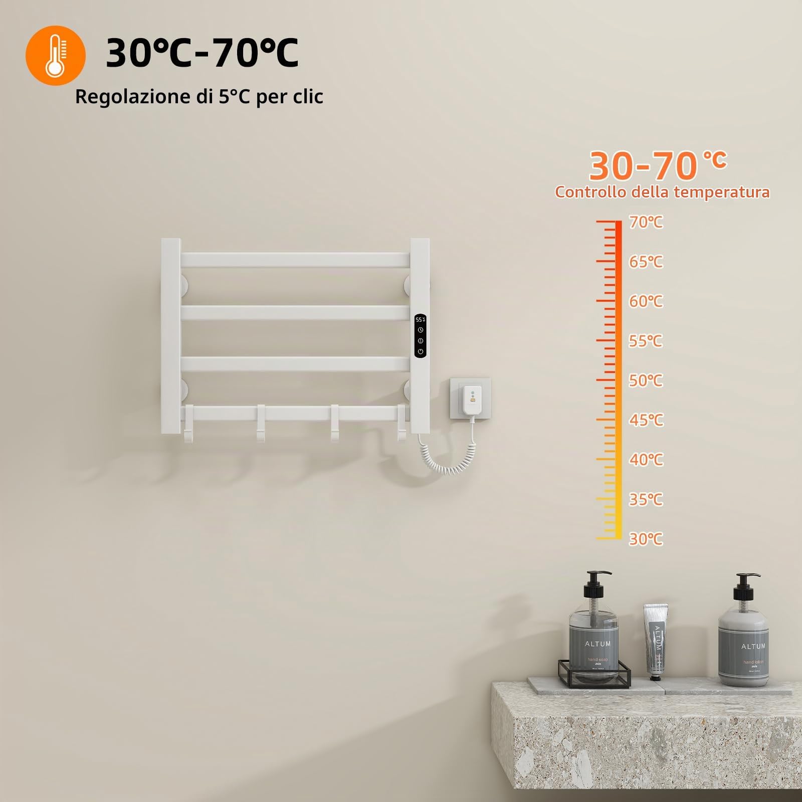 Portasciugamani Elettrico 550x350mm Scaldasalviette Radiatore da Bagno Elettrico Portasciugamani intelligente, IP24 Impermeabile, Temperatura regolabile 30-70℃, Temporizzazione 1-9 ore-White Right