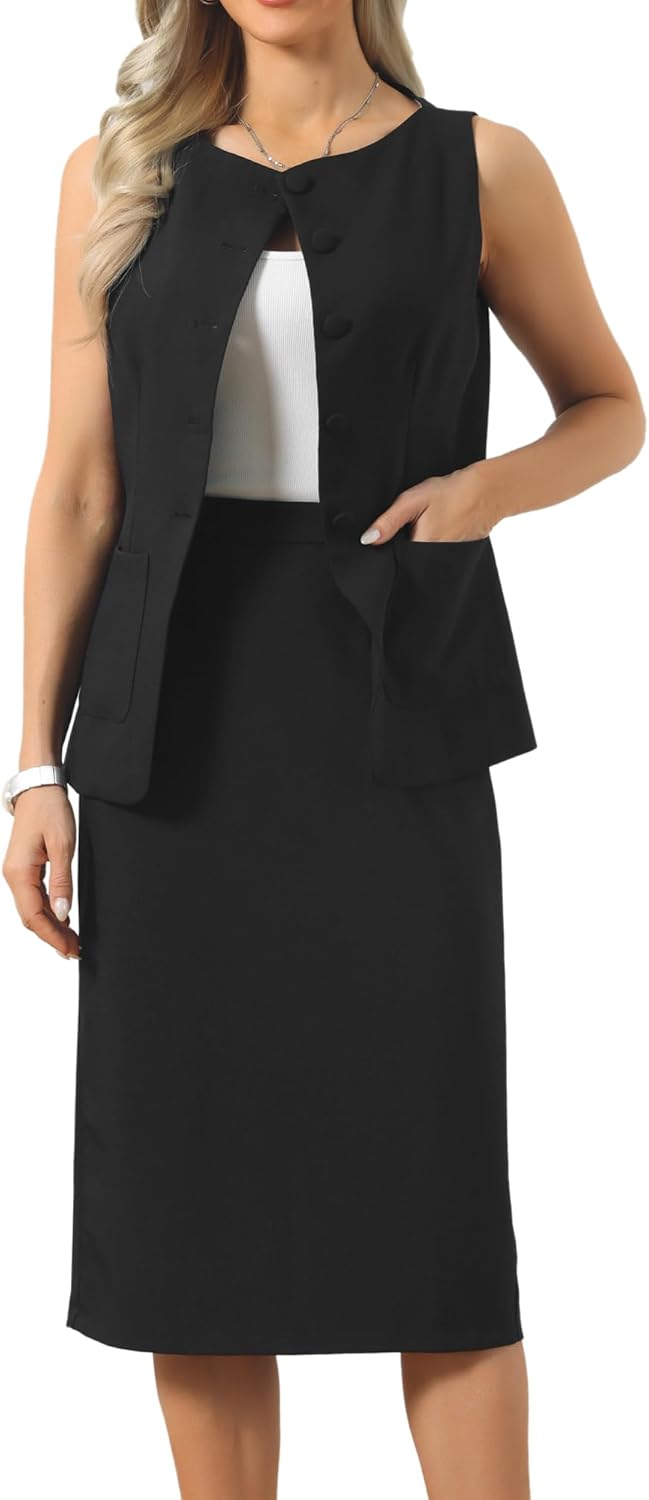 Allegra K Two Piece Linen Sets for Women's Button Down Vest Waistcoat and Pencil Skirt Dressy Casual Suit Set