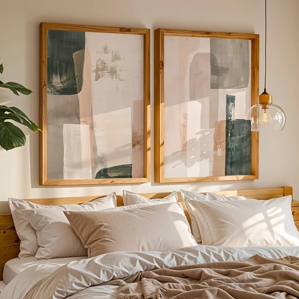 LTjiajuypd Quadro astratto su tela, beige e verde, stile moderno e bohémien, ideale per arredare soggiorno e camera da letto (60x80 cm - 2 pezzi)