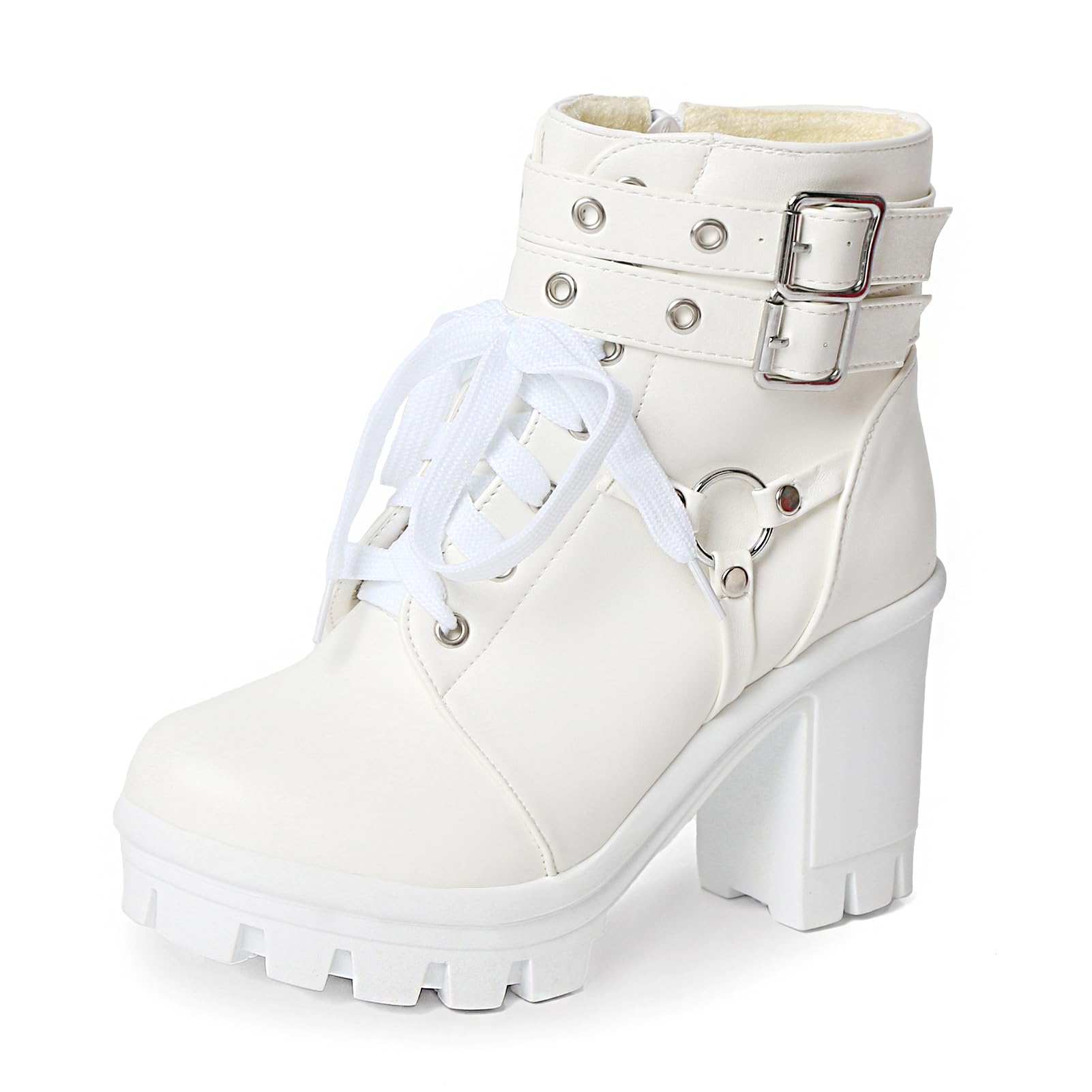 MEOTINAGoth Platform Black Boots for Women Dressy Chunky Combat Boot Buckle Gothic Booites Zipper Rivets Rave Shoes