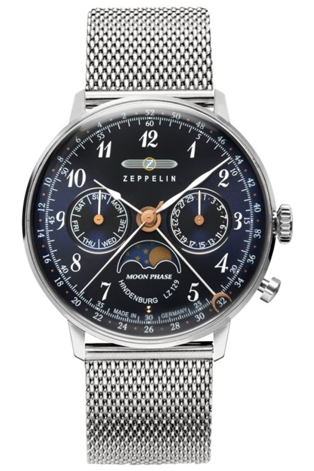 lz129 Hindenburg moonphase Womens Analogue Quartz Watch with Stainless Steel Bracelet 7037M-3