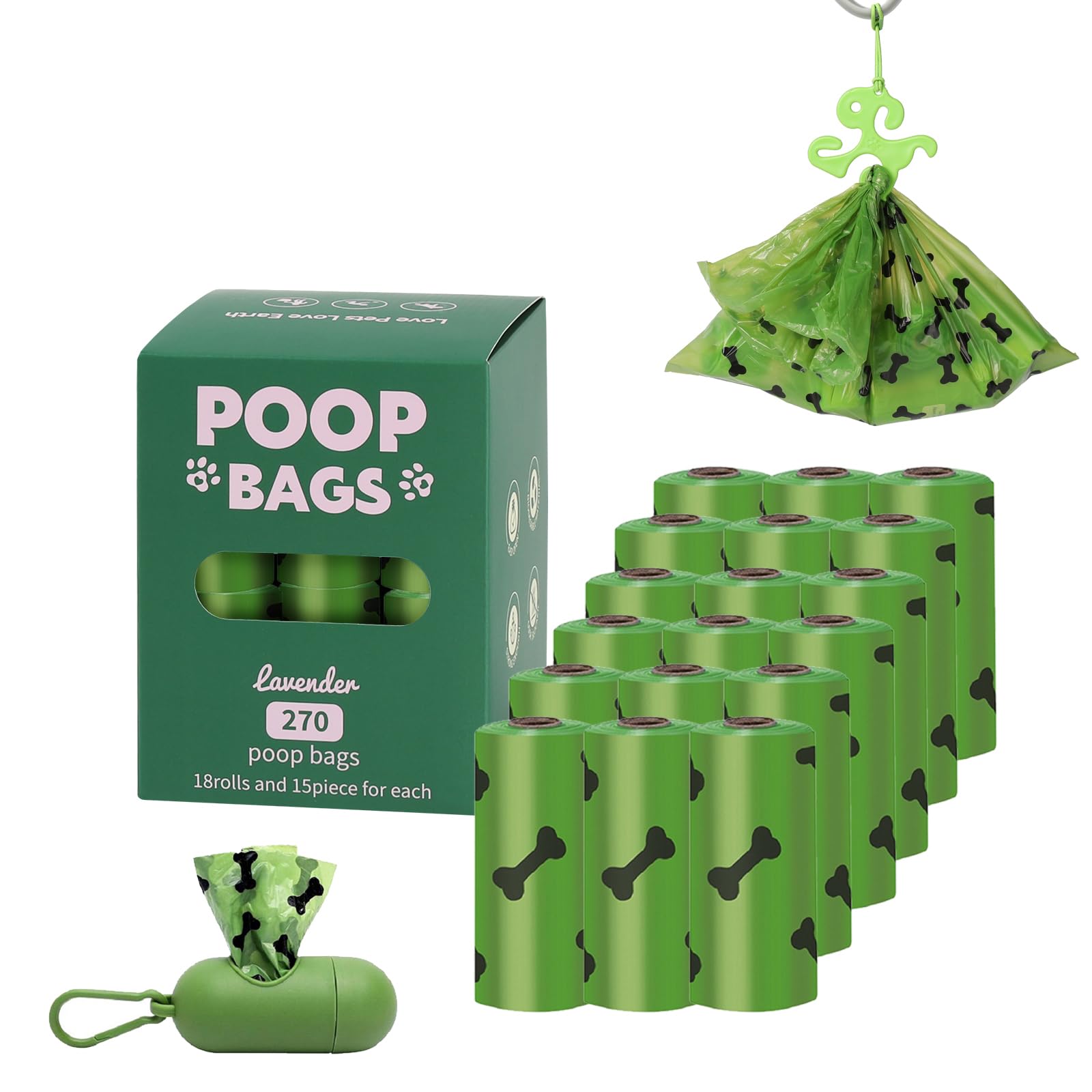 HZDHCLH Dog Poo Bags 270 Count Xtra Thick Strong Leak Proof Pet Poop Bags with Dispenser and Hook Lavender Scented(green,270 Count)