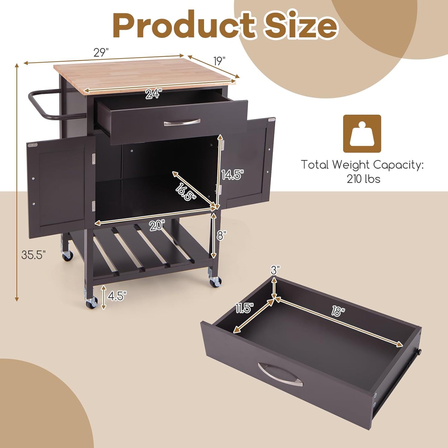Giantex Kitchen Island Cart with Rubberwood Top, Rolling Serving Utility Cart with Drawer, Storage Cabinet, Open Shelf & Towel Rack, Coffee Bar Cart on Wheels for Living Dining Room (Brown)