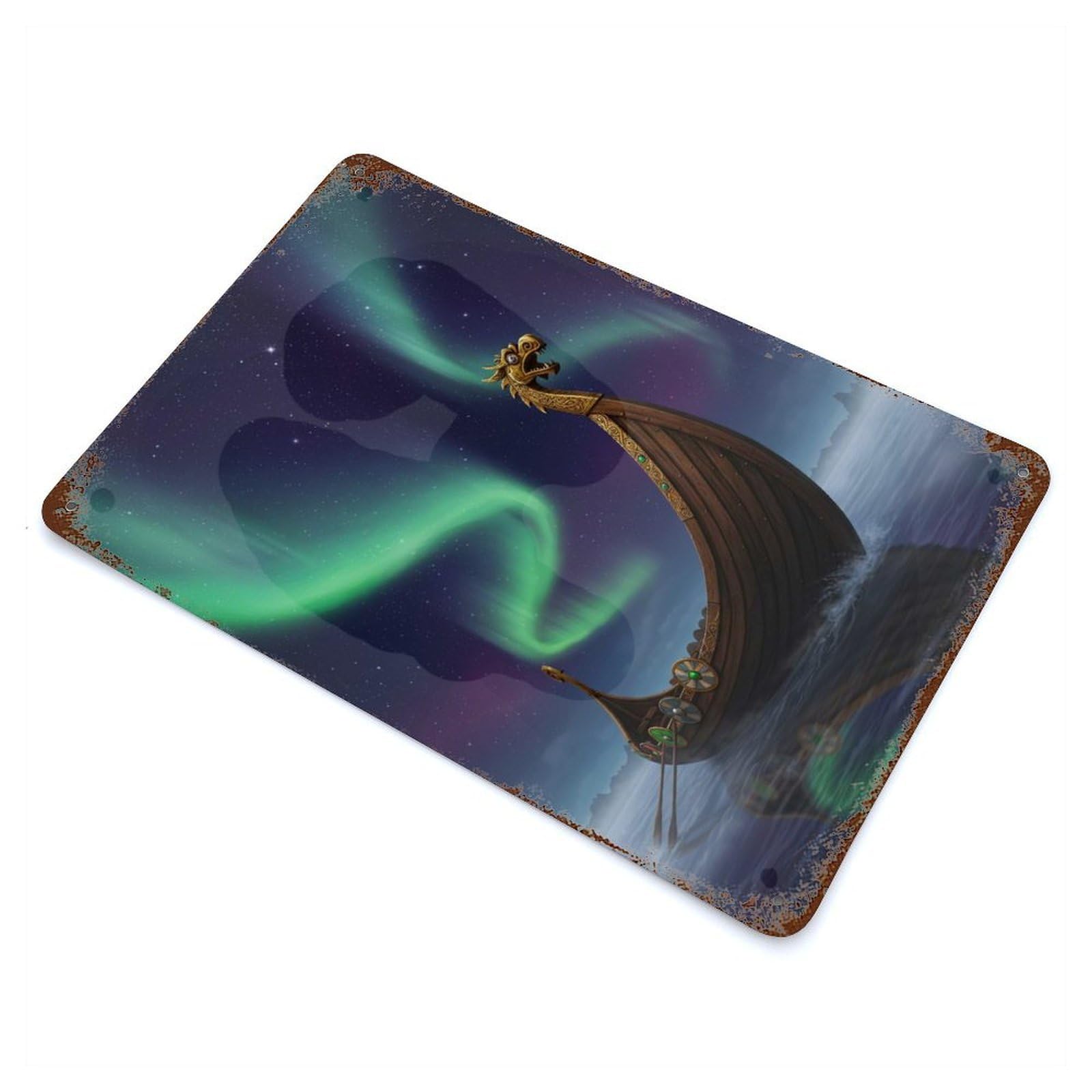 Viking Ship Under Aurora Borealis Retro Metal Sign 11.8"x7.9", for Pub, Kitchen And Man Cave Decor, Industrial Home Decor