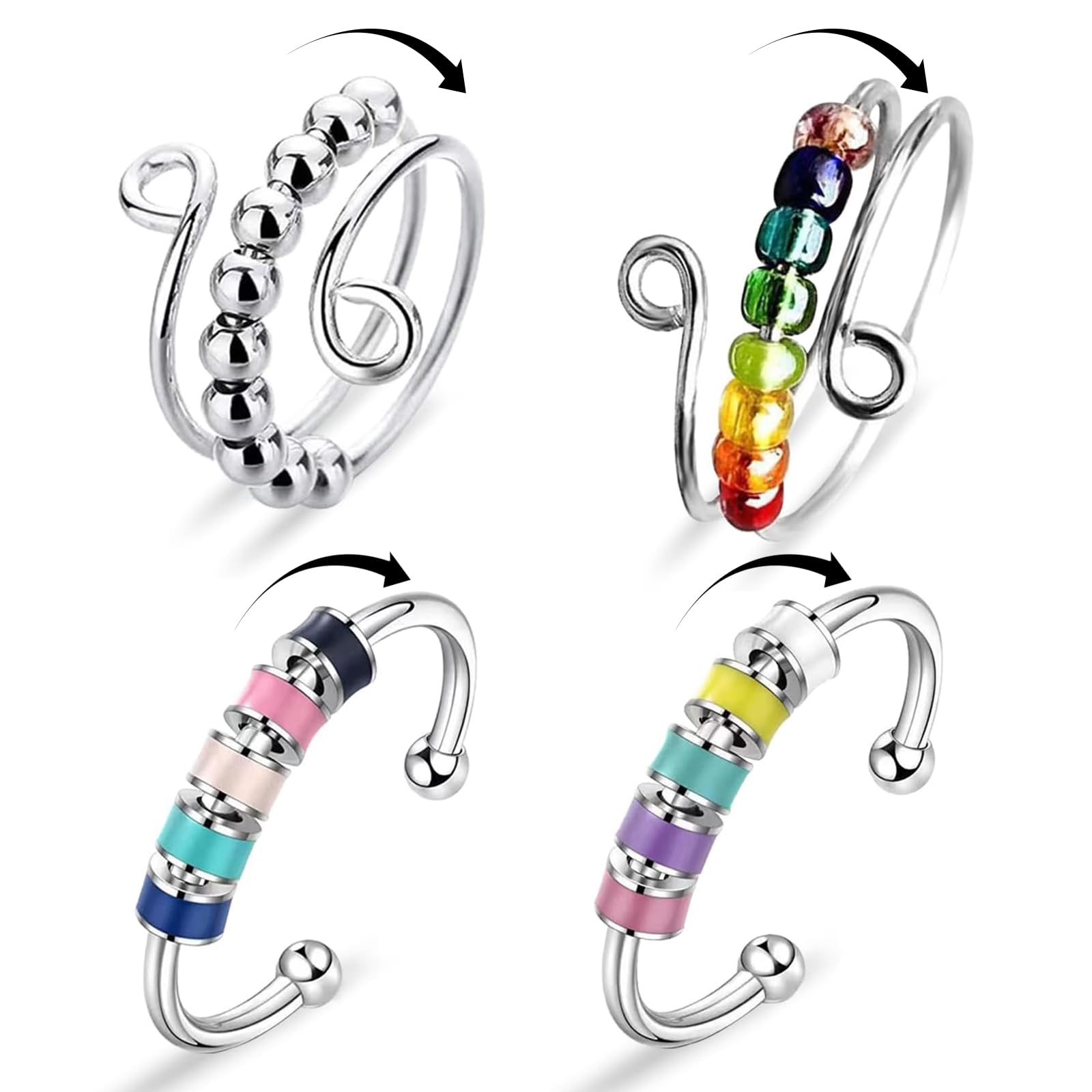 FEXPDL Anxiety Relief Set: 4 Rotatable Fidget Rings - Stress Relief for Women & Girls