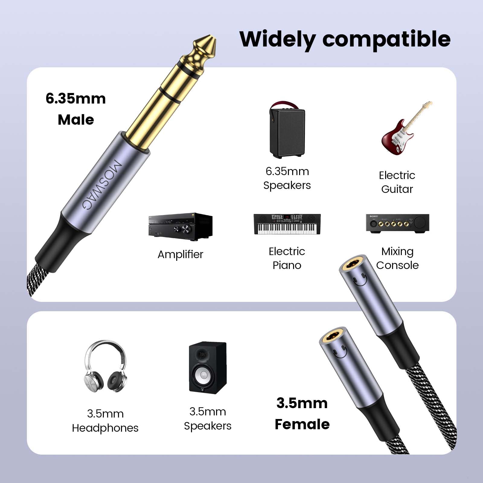 MOSWAG 1/4 inch TRS to Dual 1/8 Female Y Cable, 6.35mm to Dual 3.5mm Female Y Splitter Cable, 1/4 Inch to Dual 1/8 Inch Headphone Adapter Compatible Headphones etc