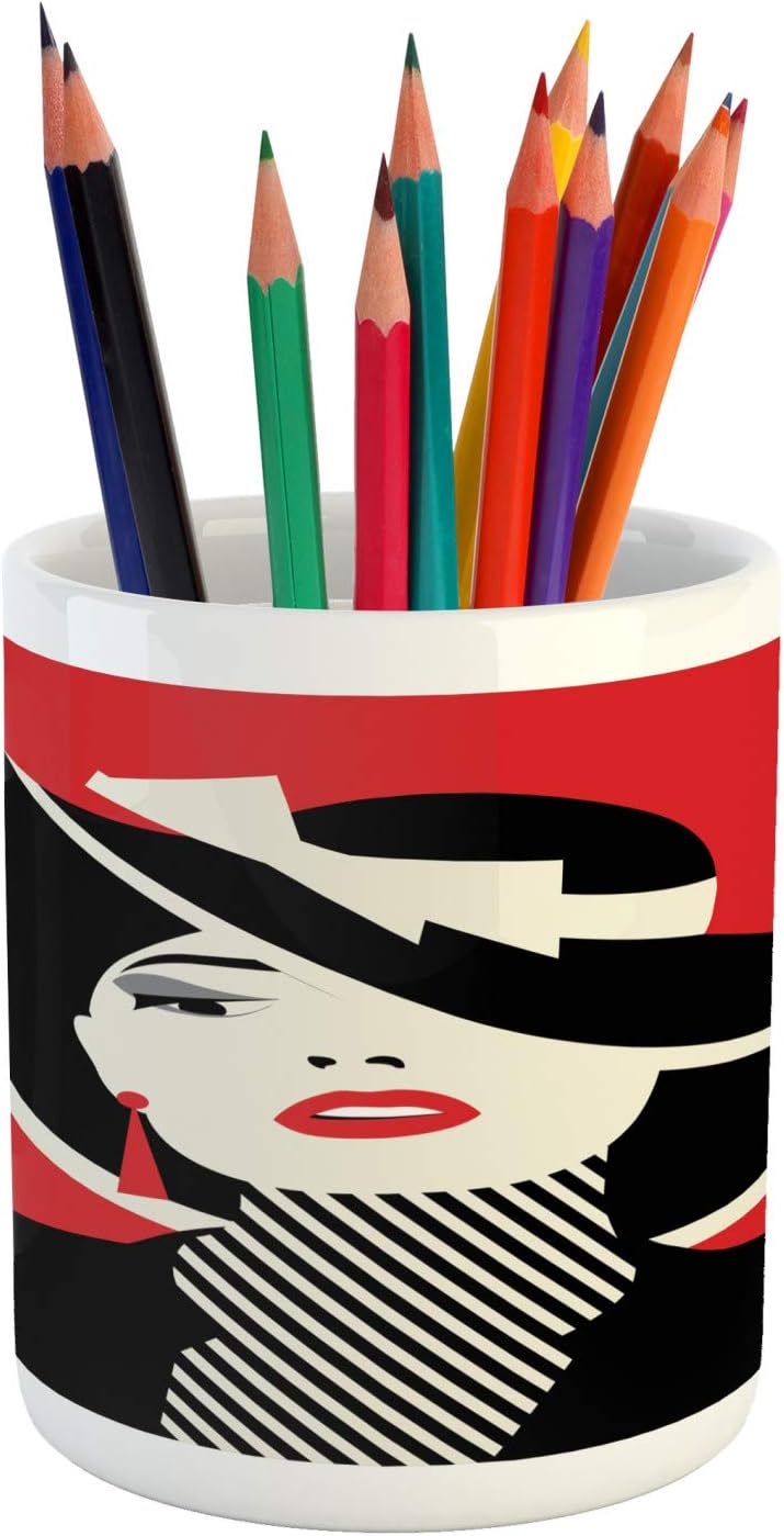 Ambesonne Fashion Pencil Pen Holder, French Style in Shabby Form Classical Vintage Hat and Striped Coat Design Print, Printed Ceramic Pencil Pen Holder for Desk Office Accessory, Black Red