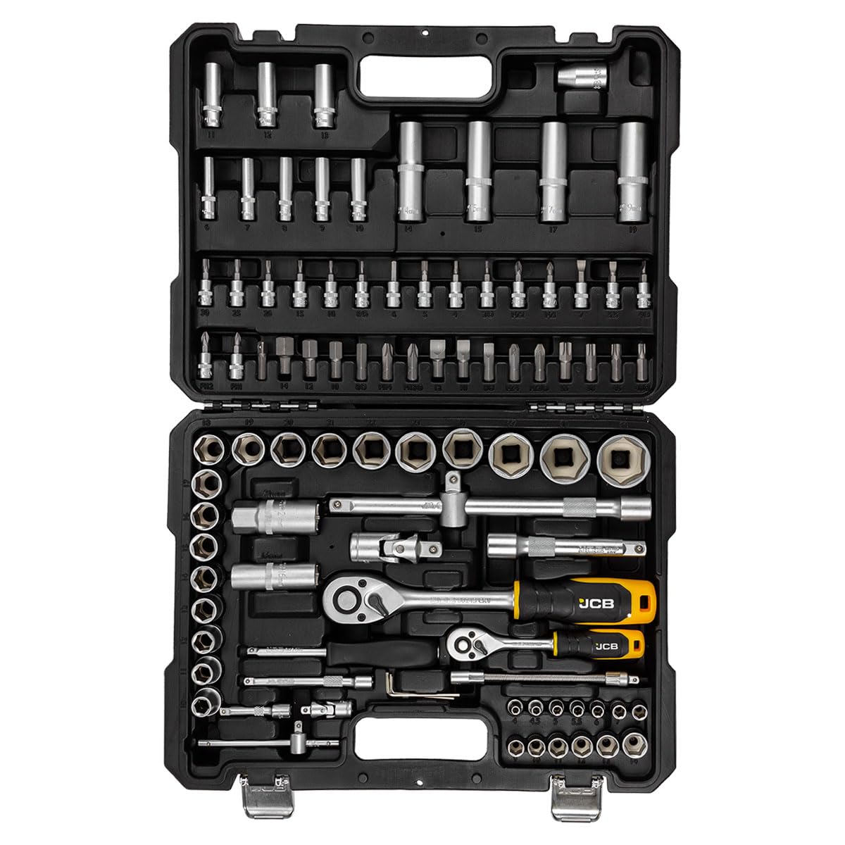 JCB 94 Piece Socket & Bit Set, Chrome Vanadium Steel, 72-Tooth Ratchet, 5° Swing, Blow Mold Case - Image 2