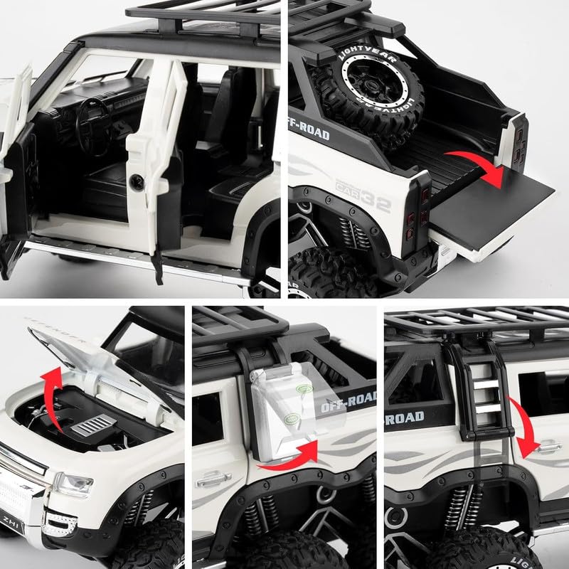 Image of Kids Model 1:24 6 Wheel Defender Die Cast Metal Car Pull Back Action Opening Doors with Realistic Engine Sound Lights Toy Car Gift for Boys - White