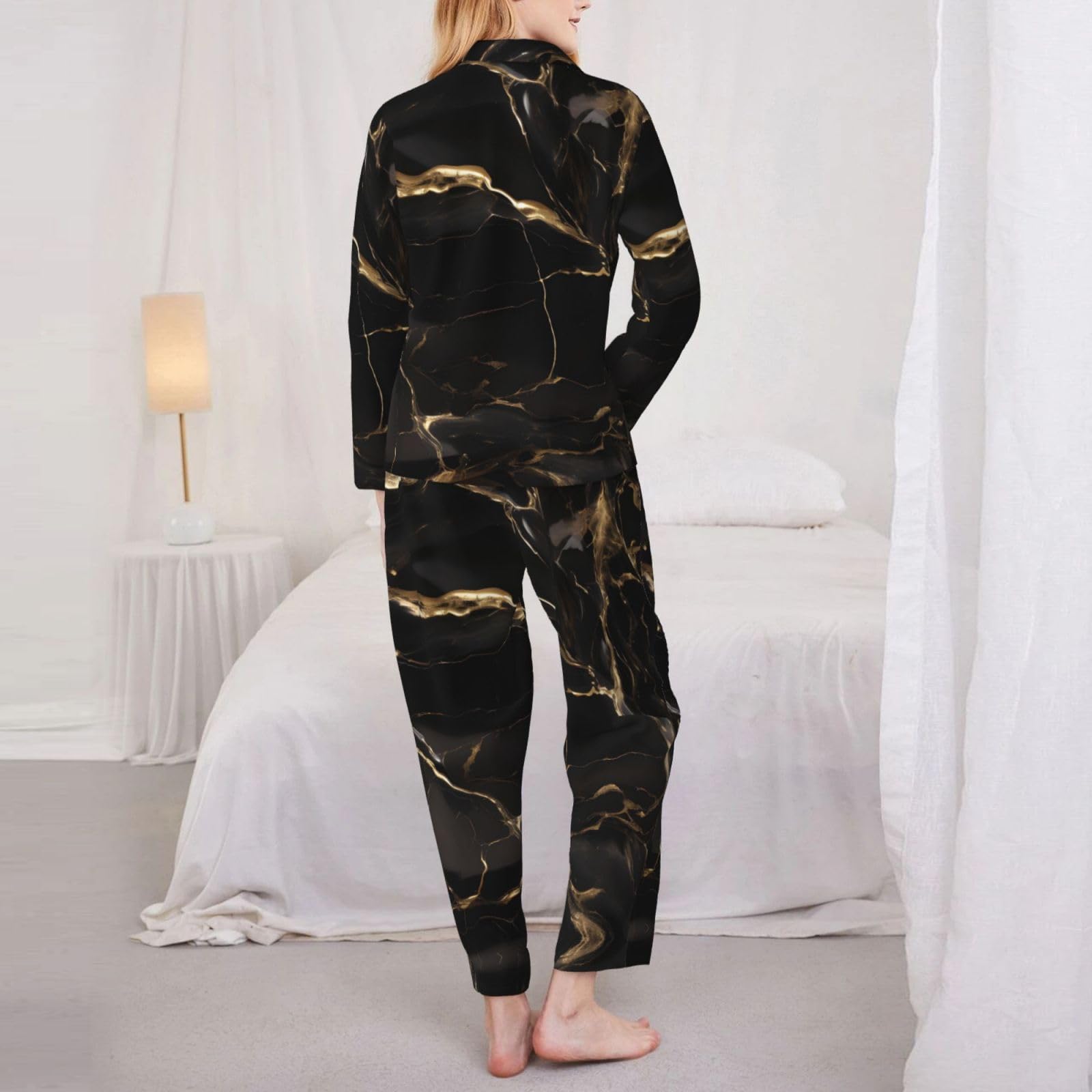 Set pigiama da donna a maniche lunghe nero oro marmo stampato a maniche lunghe abbottonato pigiama set disponibile in 5 taglie