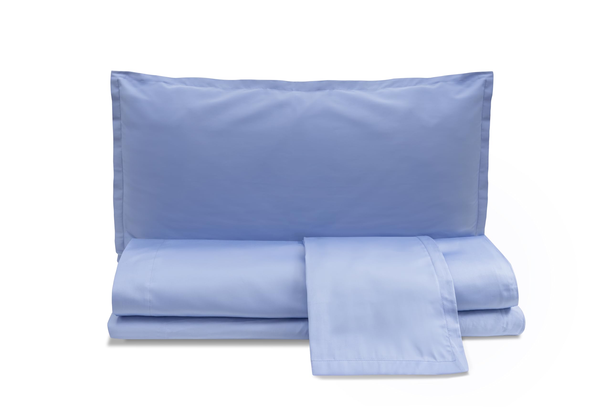 zer0bed, Juego de sábanas de Matrimonio de Raso de algodón Liso, Azul Cielo, 100% satén de algodón, sábana encimera, sábana Bajera Ajustable, par de Fundas de Almohada con 4 Volantes