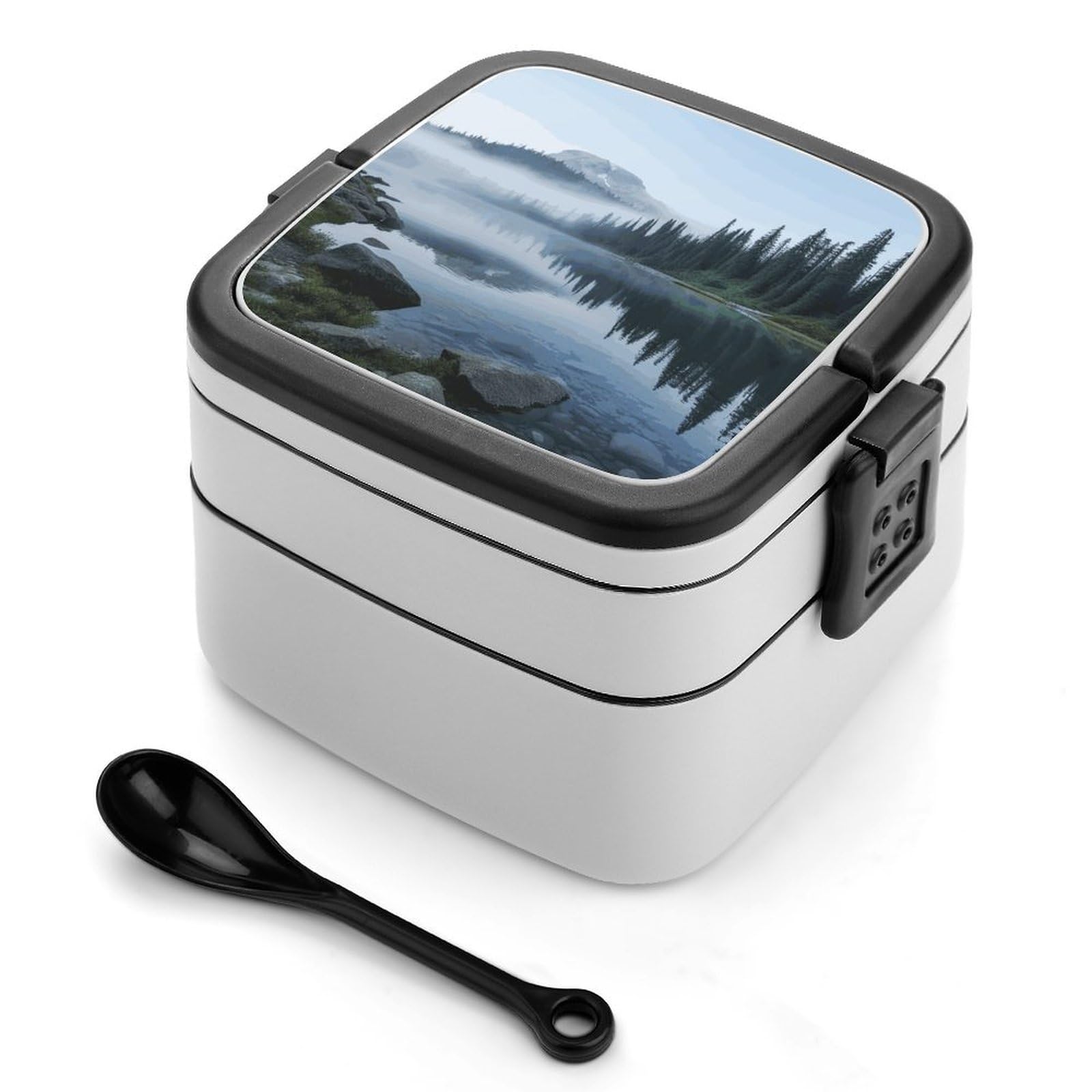 JTREHY Foggy Lake by Mount Rainier Lunch Box Double-Layer Portable Lunch Container Stackable Large Capacity Leakproof Bento Box for Dining Out Work Picnics Travel