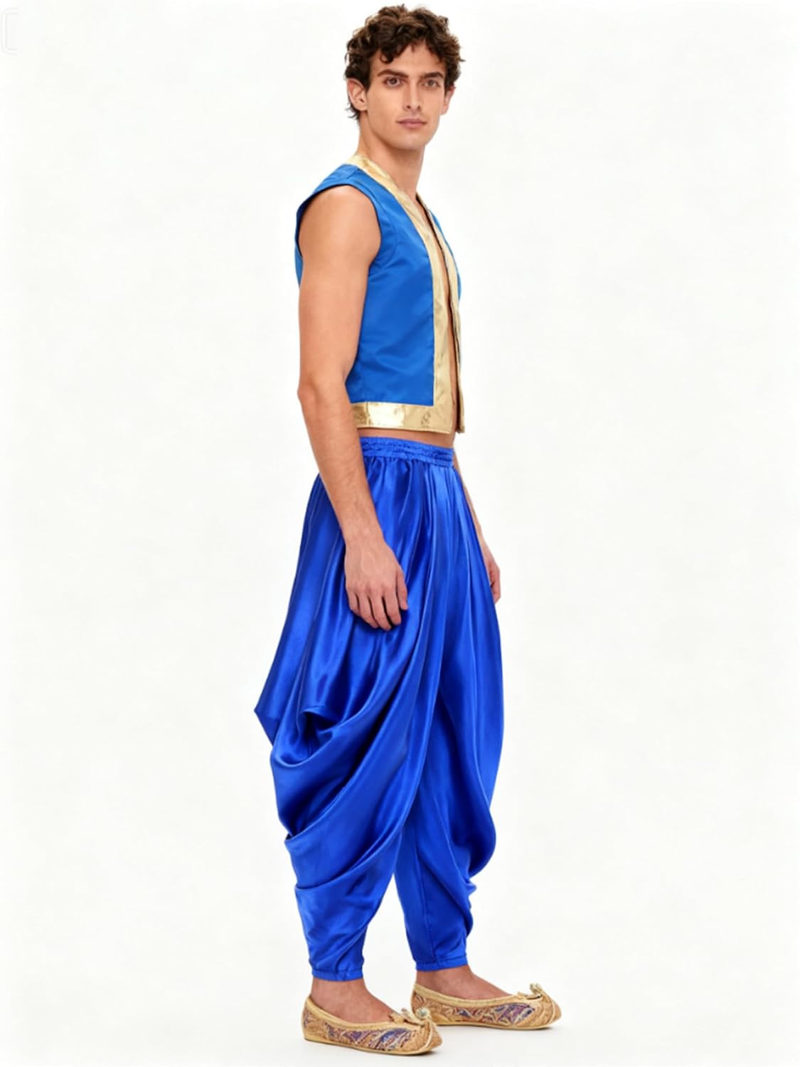 Mens Sultan Costume Set Open Front Vest Loose Harem Pants | Lightweight 2 Piece Outfit with Decorative Trim for Halloween, Stage Shows, Cosplay, Theme Parties and Festival Events