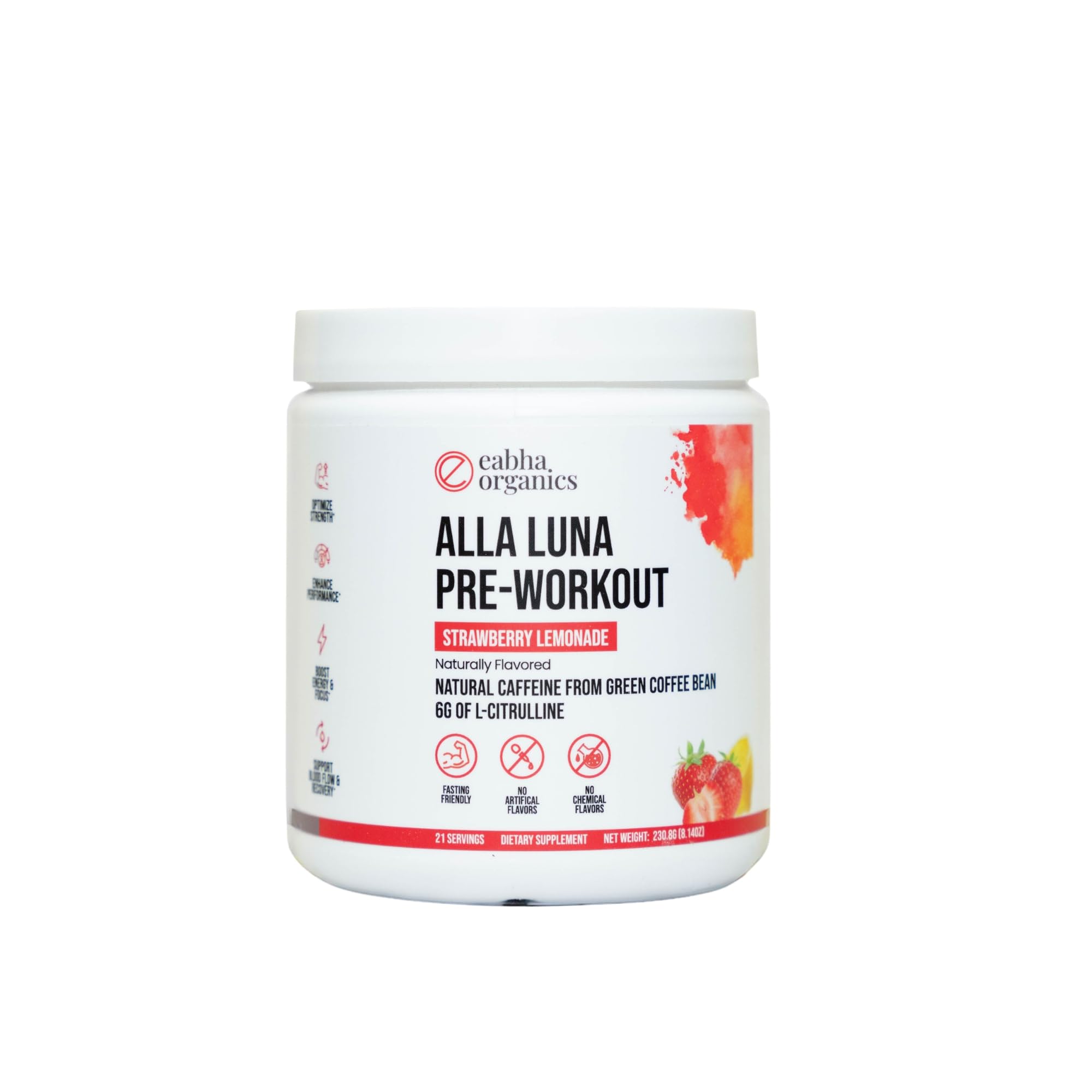 Eabha Organics Pré-treino com 6 g de L-citrulina, sabor limonada de morango, 21 porções