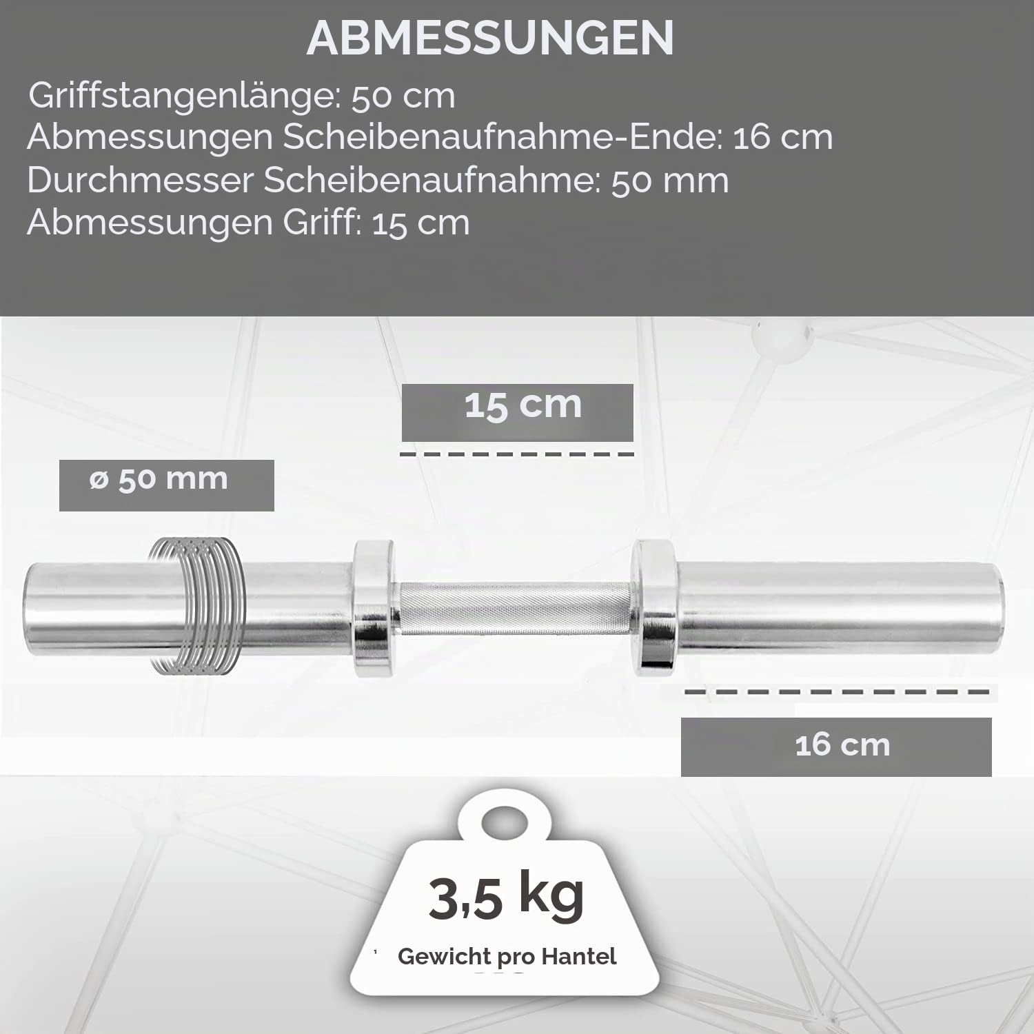 FFitness Klassisch Stahl Silber Kurzhanteln, 50 cm, Nr. 2 Langhanteln Mit Federverschlüssen, Set Bodybuilding Home Gym Durchmesser 50 mm