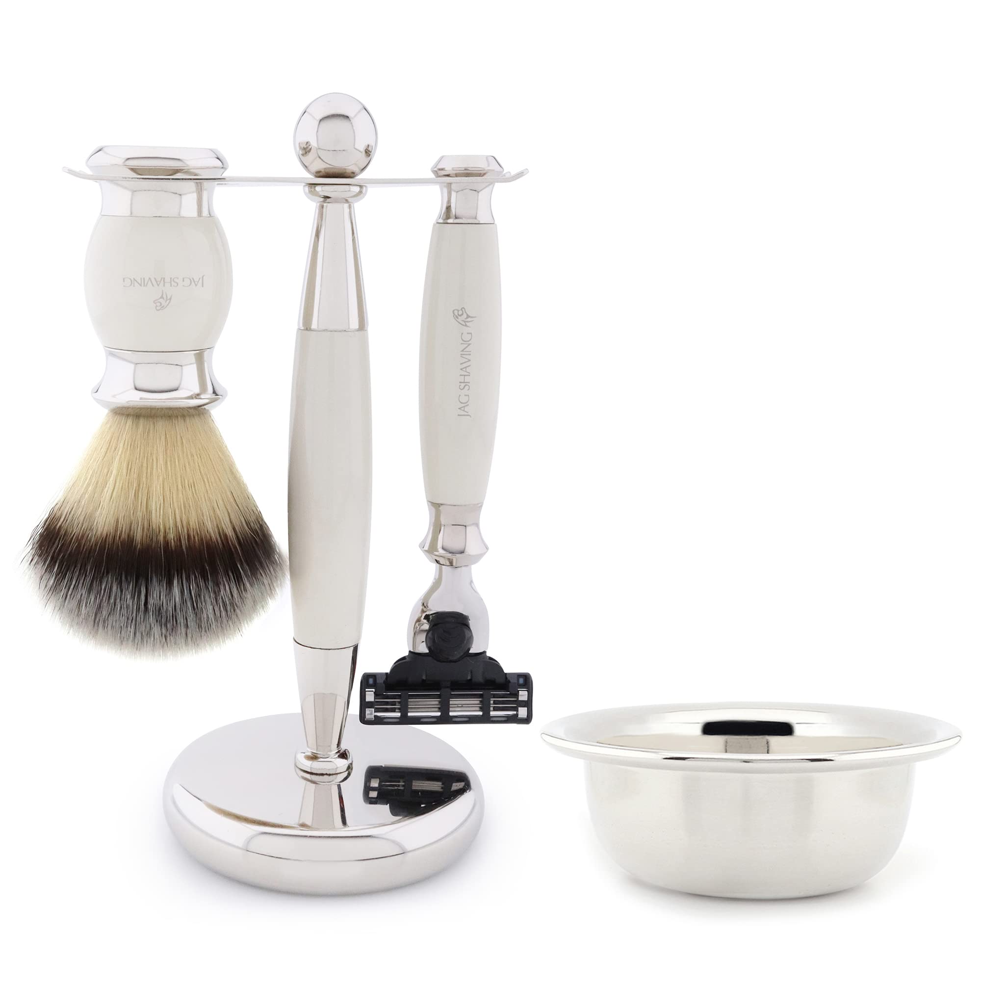 Jag Shaving Zestaw do golenia – 4-częściowy zestaw do golenia – JAG's LEE Range – syntetyczny pędzel do golenia z włosia srebrnego – 3 krawędzie ostrza do golenia – miseczka do golenia – stojak do golenia, zestaw upominkowy w kolorze kości słoniowej