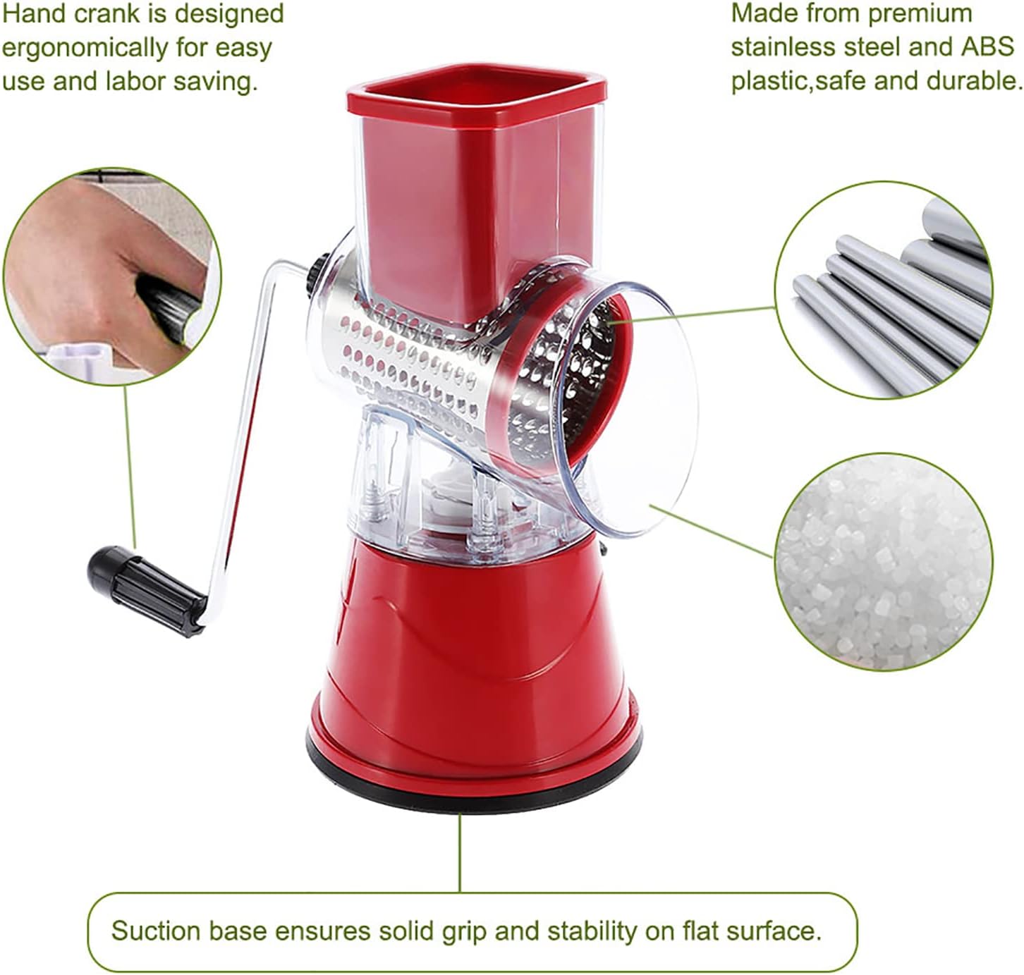 Rotating Drum Grater, Manual Shredder, Stainless Steel Vegetable Cuer for Kitchen Cheese Vegetable Potato(Red)