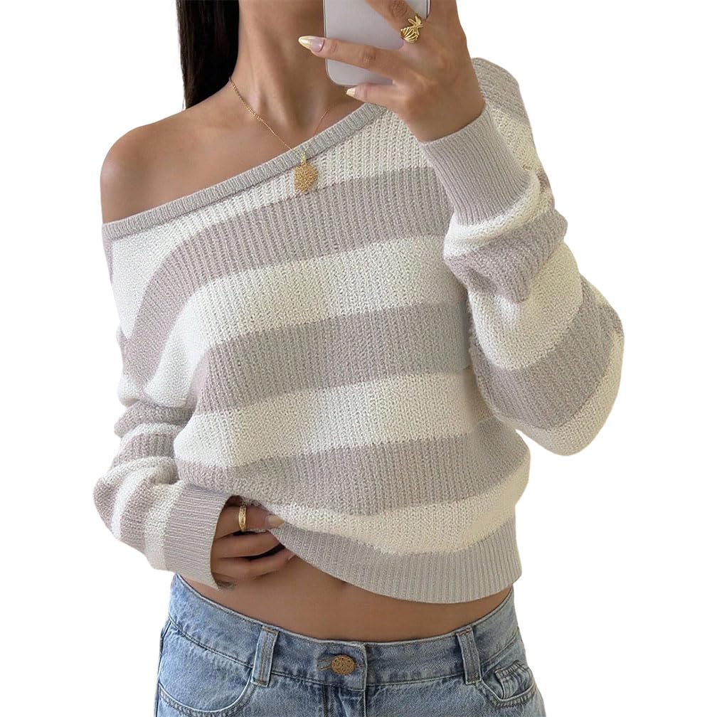 Women Y2k Striped Ribbed Off Shoulder Cropped Sweater Knit Asymmetrical Neck Color Block Long Sleeve Pullover Top