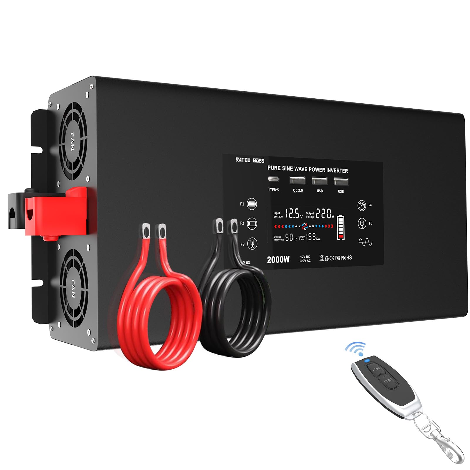 DATOUBOSS Power Inverter 12v 220v Onda Pura 2000W/4000W Inverter Convertitore con Telecomando 2 Prese EU, 2 Porta USB, QC3.0, Type-C e Display LCD per Auto,Camion, Camper
