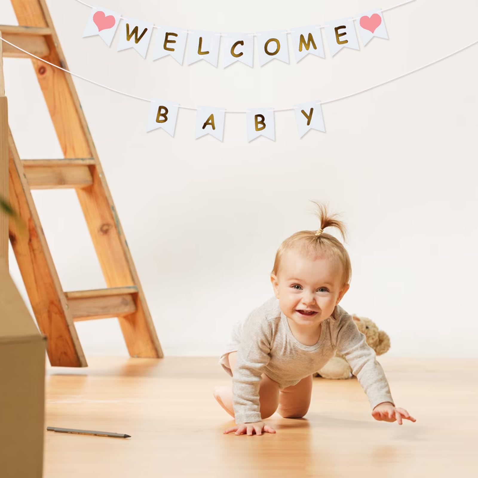 Ghirlanda Welcome Baby Rosa - Decorazione Baby Shower Con Cuori, Fai Da Te Per Feste - Foto 10