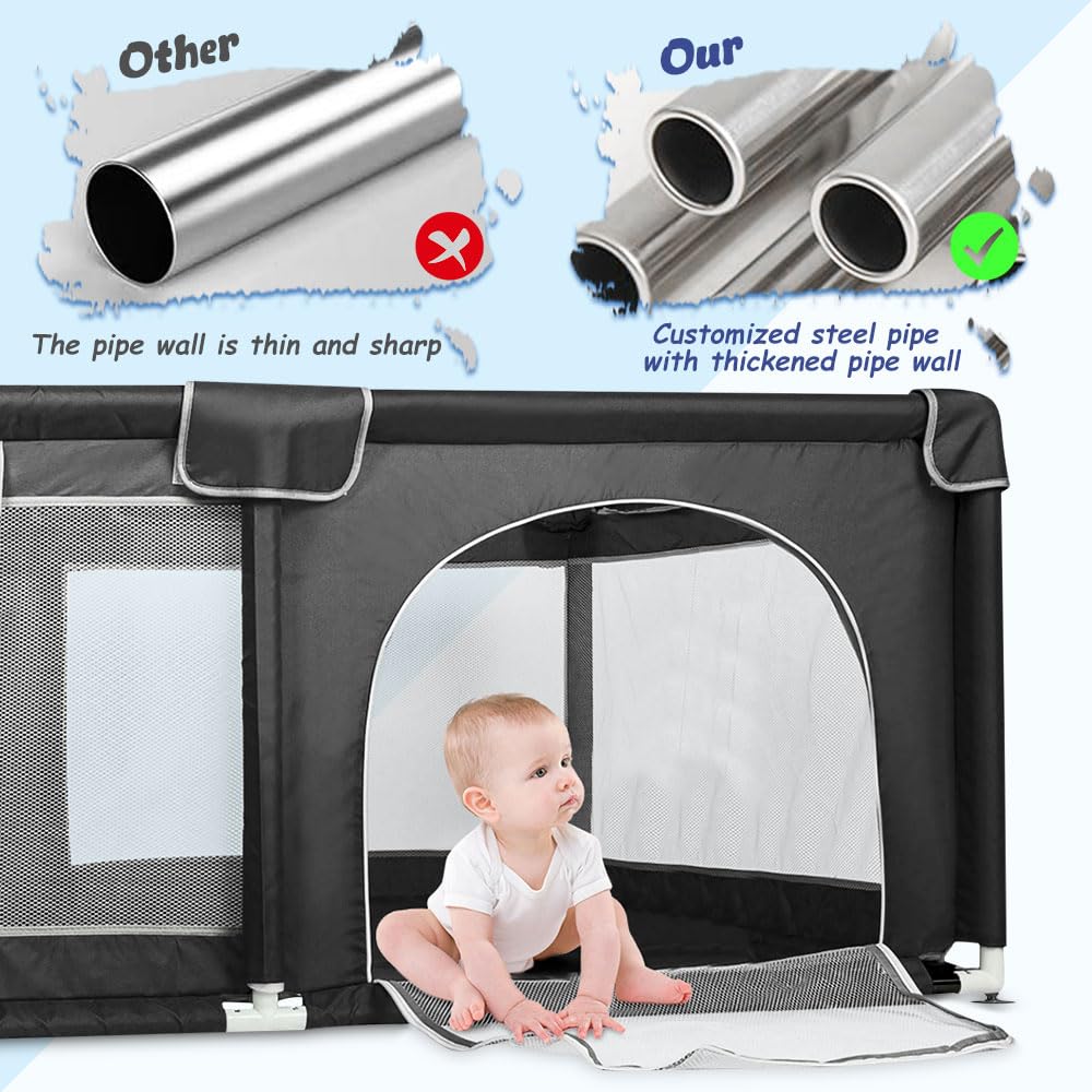 Homewell Parc Bébé Sécurisé 120 * 160cm, Aire de Jeu mit 2 Accès Latéral Zippé, Barriere Bébé de Jeux, Sac de Transport (Noir)