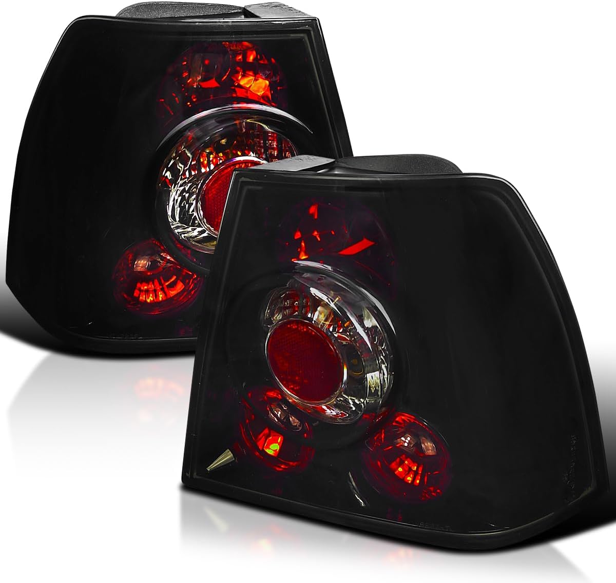 Dark Smoke Lens Glossy Black Housing Tail Brake Lights Compatible with 1999-2005 VW Jetta/Bora MK4 4-door Sedan, Left + Right Pair Assembly