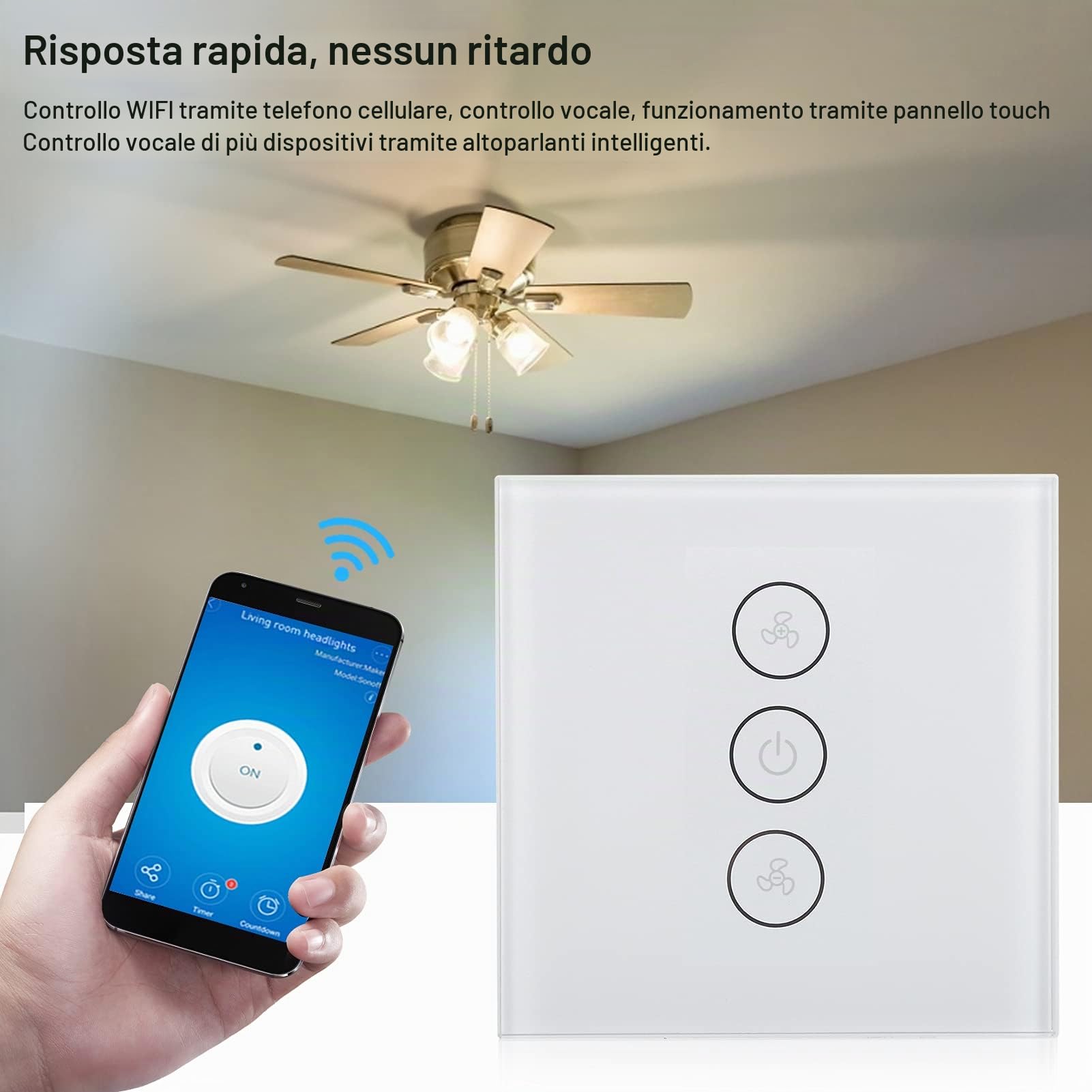 Interruttore Intelligente della Ventola Interruttore della Luce WiFi Interruttore della Luce del Controllo Vocale Telecomando Interruttore Intelligente(bianca)
