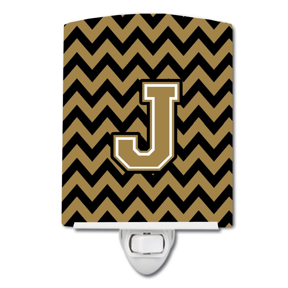 Caroline's Treasures CJ1050-JCNL Letter J Chevron Black and Gold Ceramic Night Light Compact, UL-Certified, Ideal for Bedroom, Bathroom, Nursery, Hallway, Kitchen, 6x4x3, Multicolor