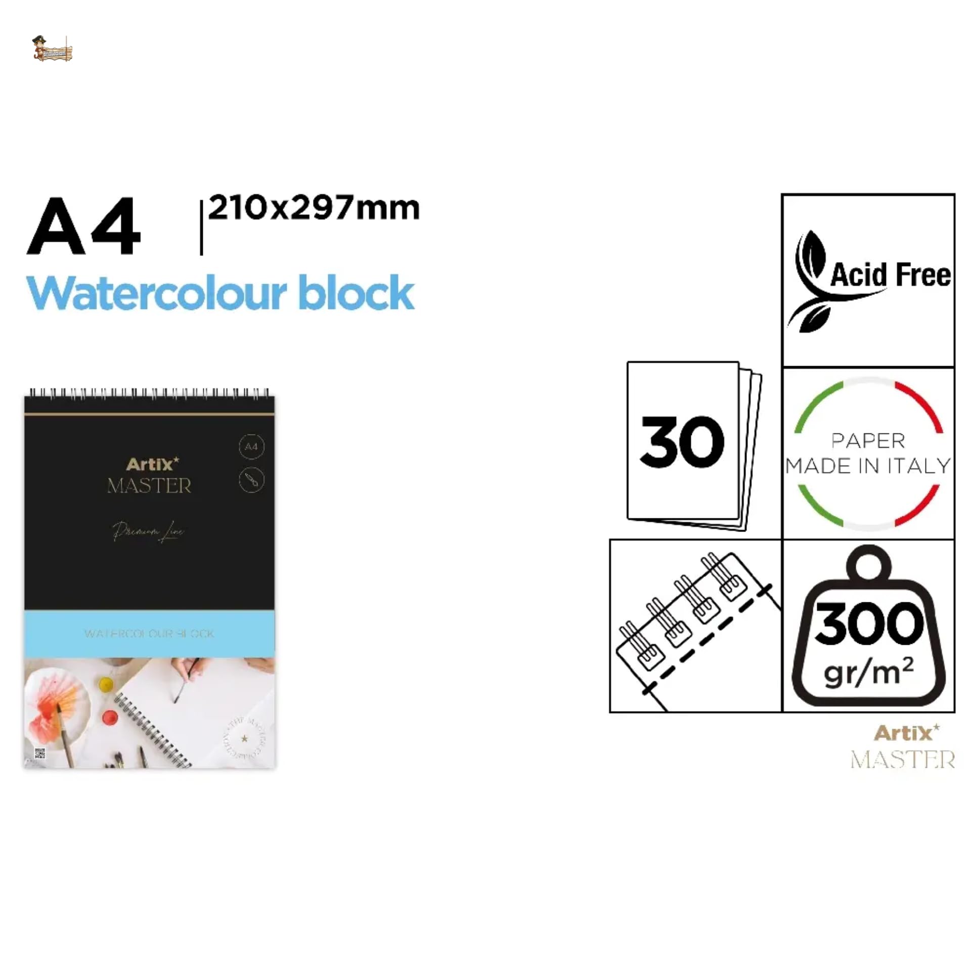 BricoLoco.com Blok zeszyt zeszyt do rysowania ACWARELE 30 arkuszy 300 gr. Blok TECHNICZNY MOKROWY Fine Arts (A4)