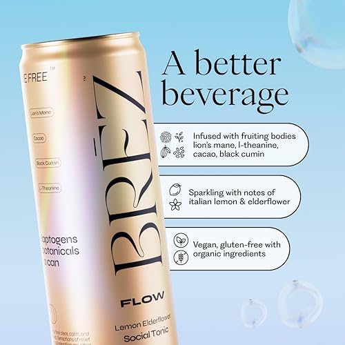 Miniatura 3 de BRZ FLOW Bebida de Hongo Melena de León Paquete de 12, Limón Flor de Saúco, Apoya el Estado de Ánimo y la Concentración, Bebida Adaptógena Espumosa