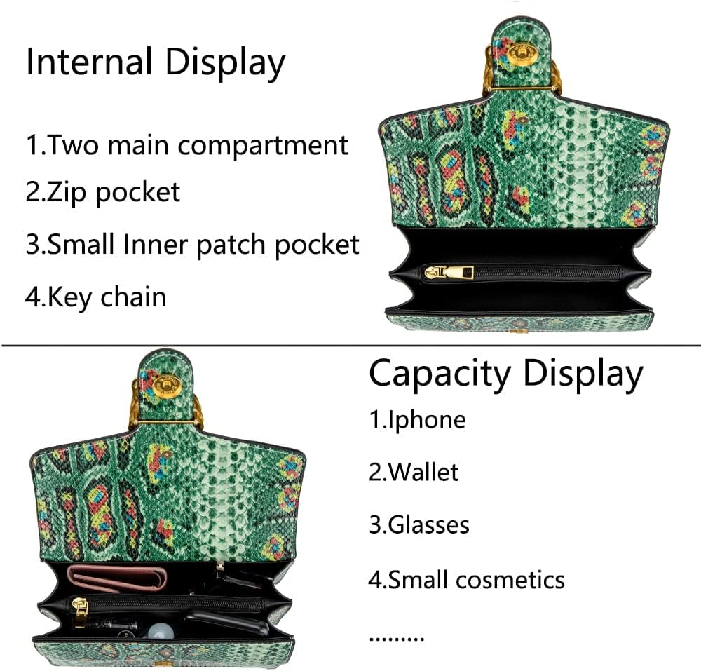 Leather Shoulder Bag Chain Purse for Women - Fashion Crossbody Bags Vintage Snake Print Underarm Bag Square Satchel Handbag