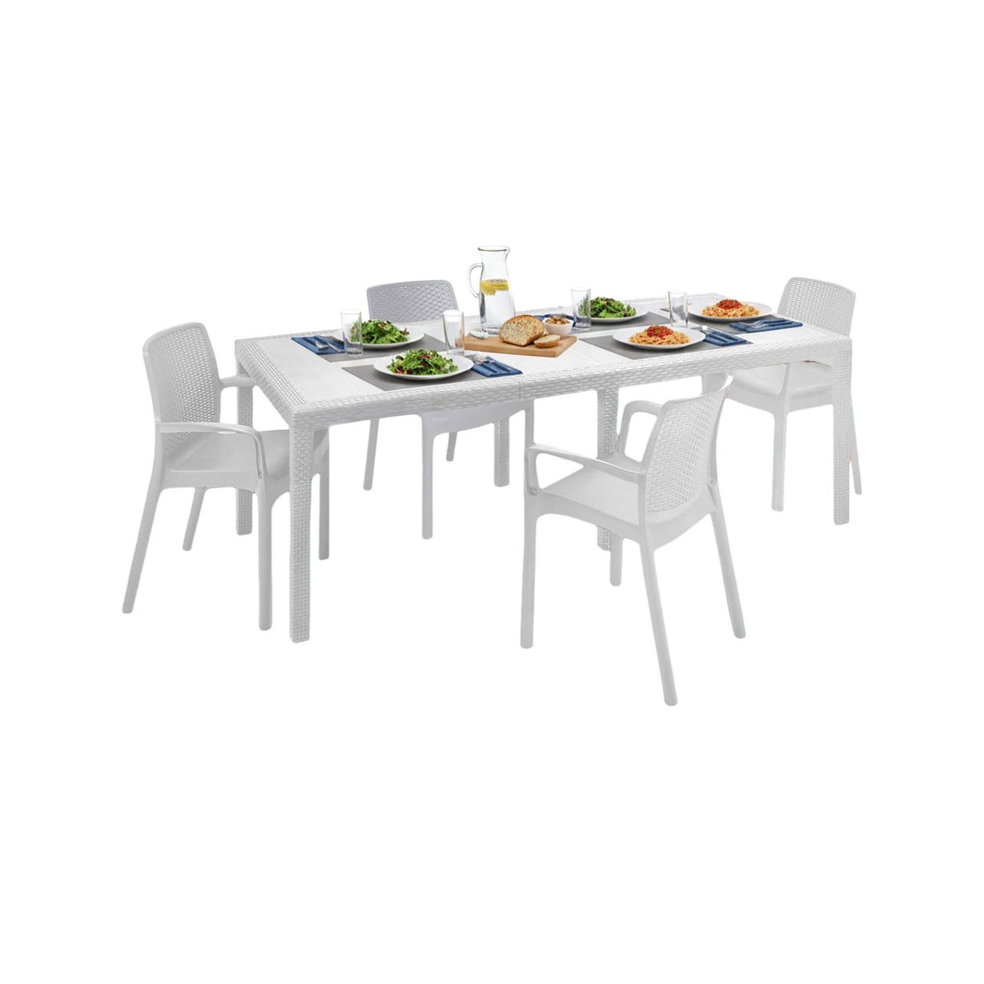 Dmora Set salotto da esterno Manarola, tavolo allungabile con 4 sedie, effetto rattan, Made in Italy, Bianco
