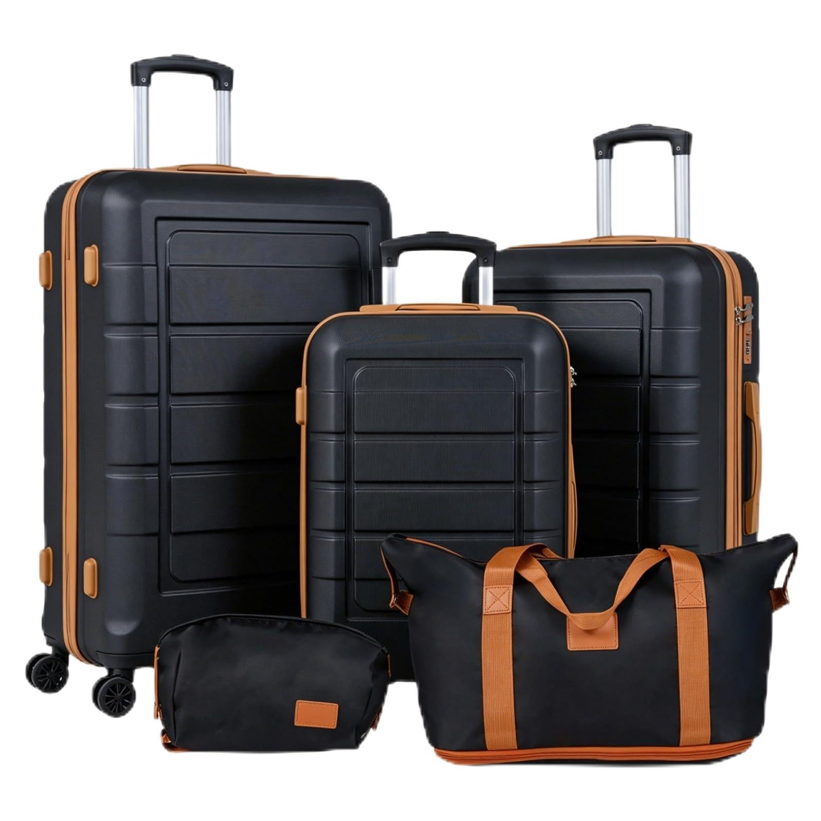 LIFEZEAL Set di Valigie da 5 Pezzi, Set Trolley da Cabina con 3 Valigie Rigide in ABS (28”/24”/20”), 1 Borsa da Viaggio e 1 Borsetta, Lucchetto a Codice, Ruote Girevoli e Manico Telescopico (Nero)
