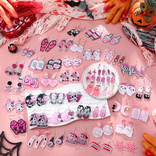Nosiny 48 Pairs Pink Halloween Earrings Set for Women Ghost Skeleton Bat Drop Dangle Earrings Lightweight Acrylic and Alloy for Halloween Party Jewelry Gifts4