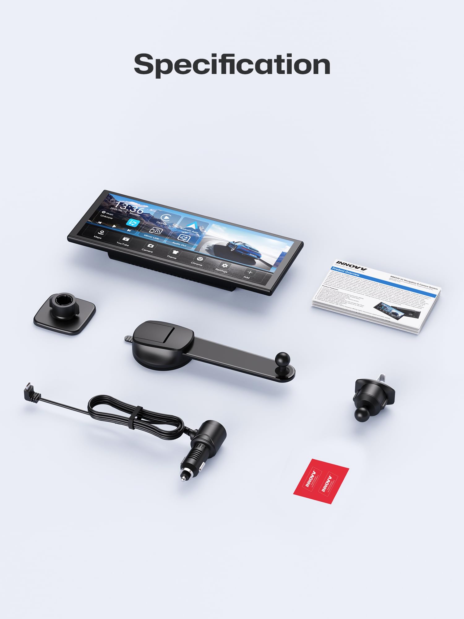 INNOVV V2 bezprzewodowa kamera samochodowa z systemem Android 10,3", ekran dotykowy IPS 1920 × 720 do samochodów, Mirror Link, nagrywanie w pętli, GPS, Siri z regulowanym stojakiem Magic Stand