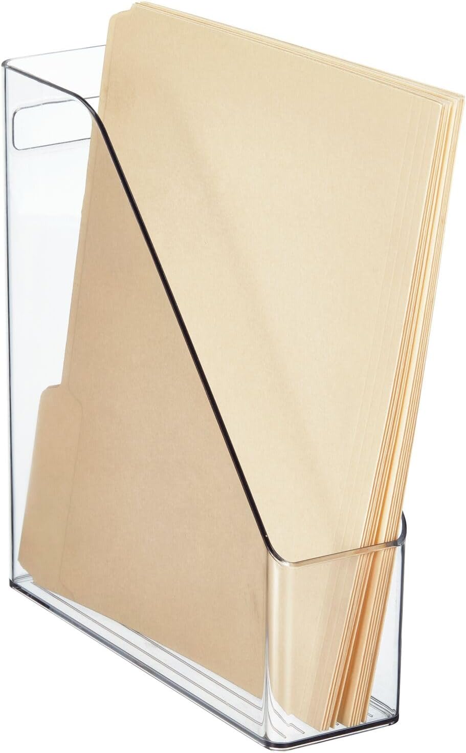 mDesign Plastic Slim Vertical File Folder Storage Organizer Bin with Handle - Hold Notebooks, Binders, Envelopes, Magazines for Home Office, Work Desktops, Ligne Collection, Clear