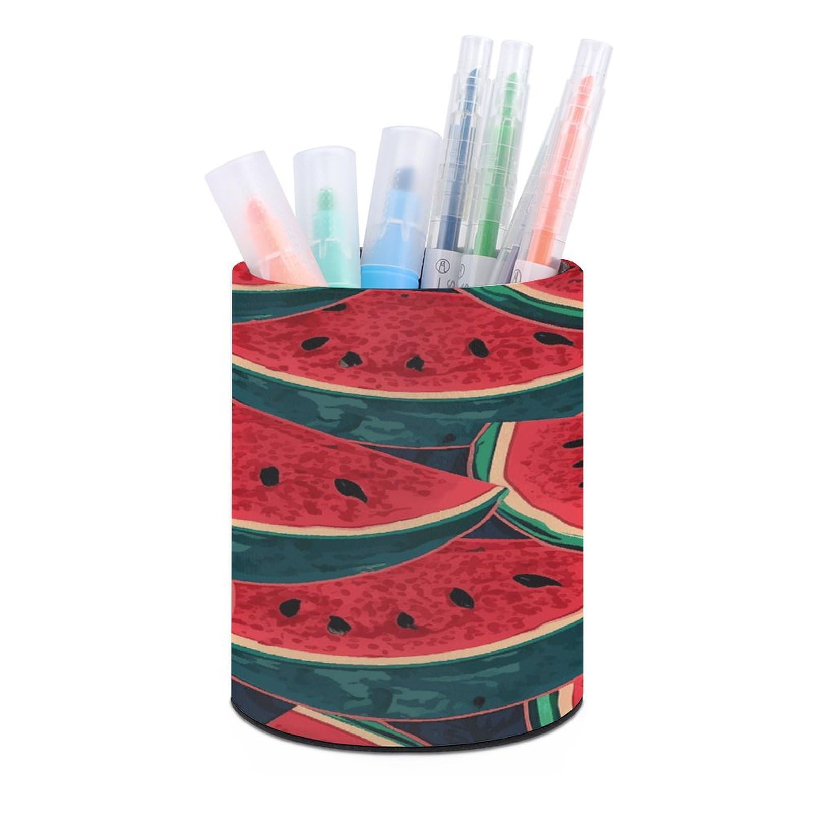 FekiLoot Red Watermelon Pen Holder Cup Fashion PU Leather Pencil Cup Minimalist Pen Organizer Round Pencil Holder Stand Work Locker Accessories for Decoration Desk Office Home