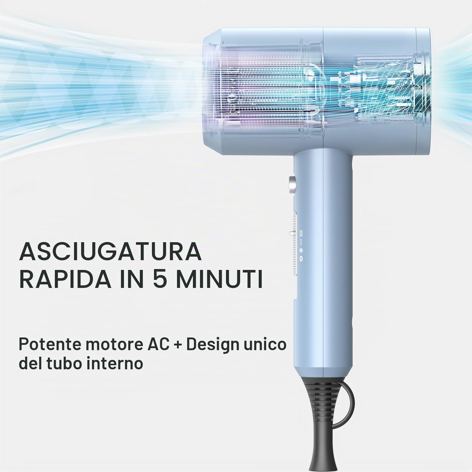 Asciugacapelli agli ioni di litio, motore AC 1800 W, slopehill, asciugatura rapida, asciugacapelli con tasto caldo/freddo, 3 asciugacapelli e diffusori, 3 impostazioni di temperatura, 2 marce (blu