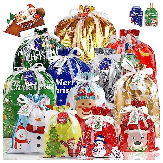 Christmas Bags 30Pcs Christmas Drawstring Gift Bags Assorted Sizes Large Medium Small Wrapping Bags 12 Design Goody Bags for Presents with Tags Xmas Gift Bags for Party