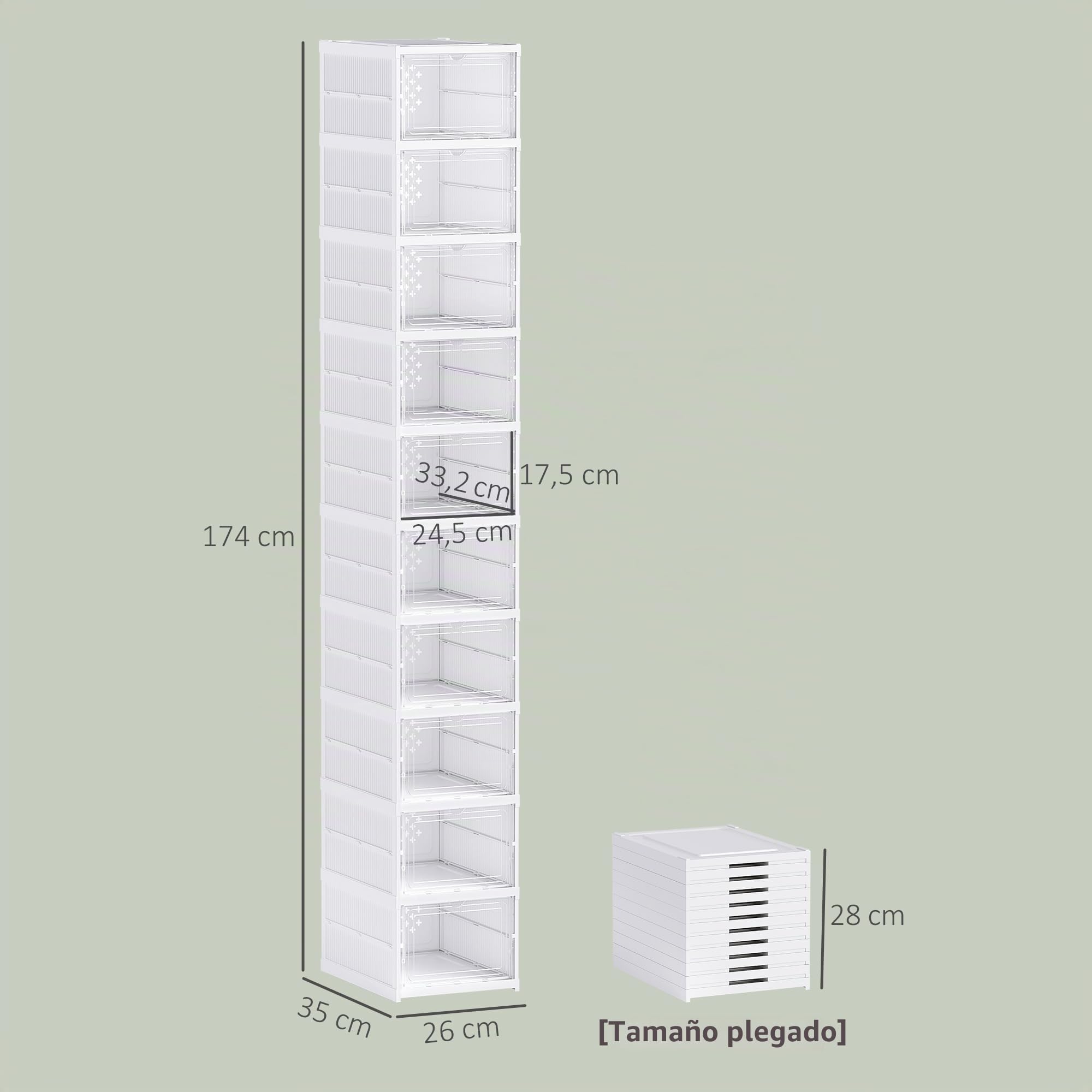 HOMCOM 10 Pack Organizador Zapatos Pleg. Plást. Talla 10 US Blanco | Sin montaje, caja apilable para zapatos, puerta transparente, ahorra espacio