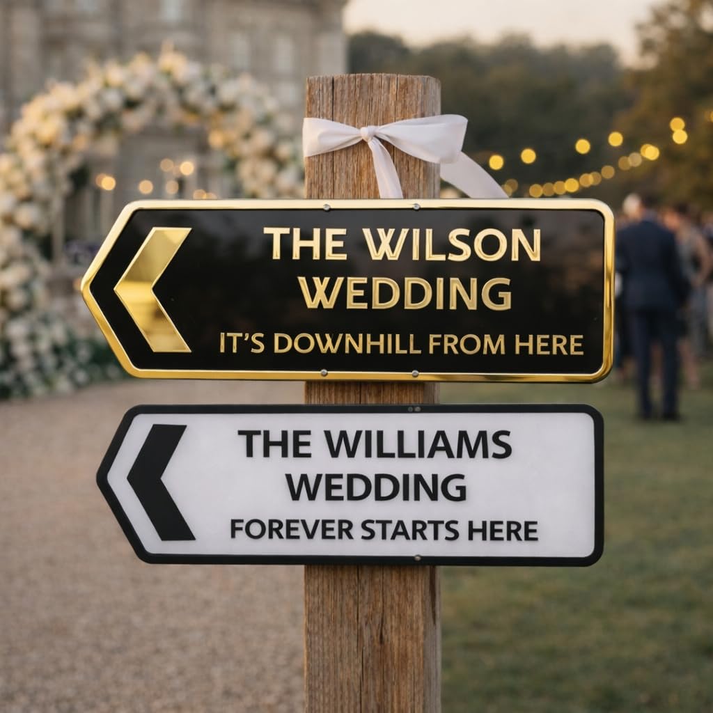 Personalised Wedding Arrow Sign – Custom Couple Name Sign – Left or Right Direction – Black & White or Mirror Gold – 3 Sizes – Wedding Decor