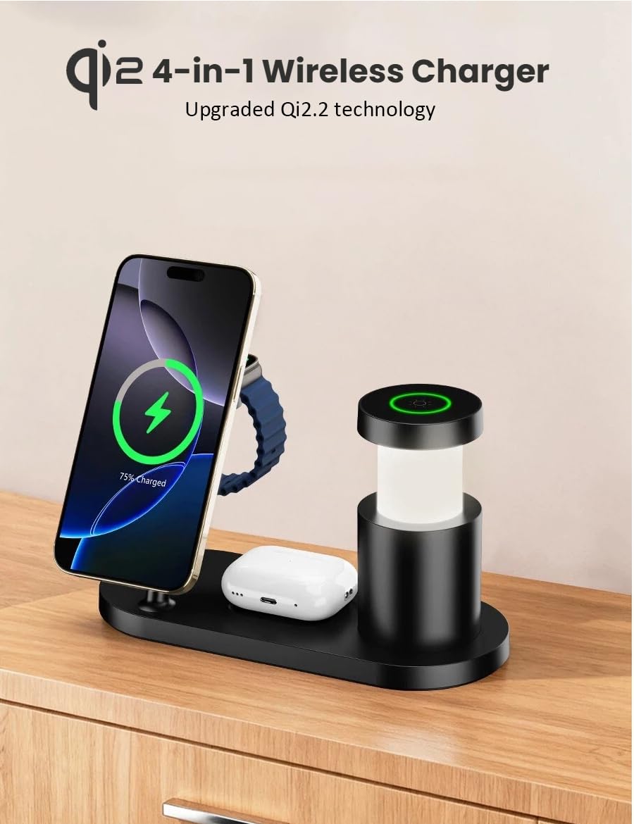 Estación de carga para reloj y iPhone, cargador inalámbrico Qi2 con carga rápida de 25 W máxima