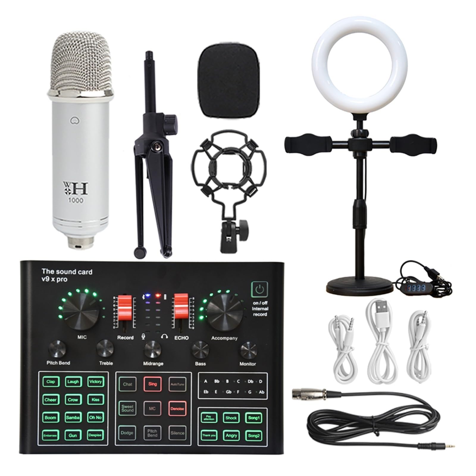 Kit scheda audio professionale da studio, microfono a condensatore, kit microfono WXH1000 con scheda audio dal vivo, configurazione studio wireless Karaoke Bluetooth per la registrazione di music