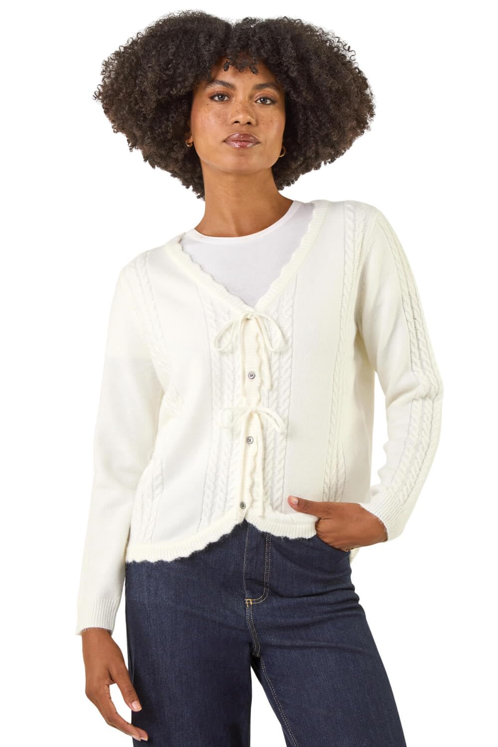 Roman Women's Ivory Bow Front Buttoned Knit Cardigan In | Size: Large